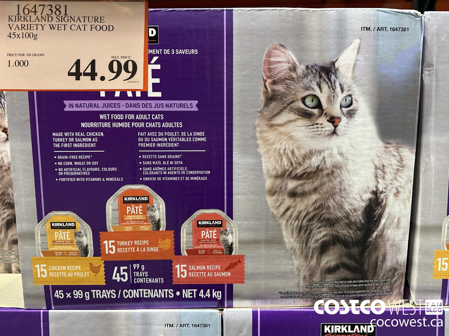 1647381 KIRKLAND SIGNATURE VARIETY WET CAT FOOD 45 X 100G $44.99