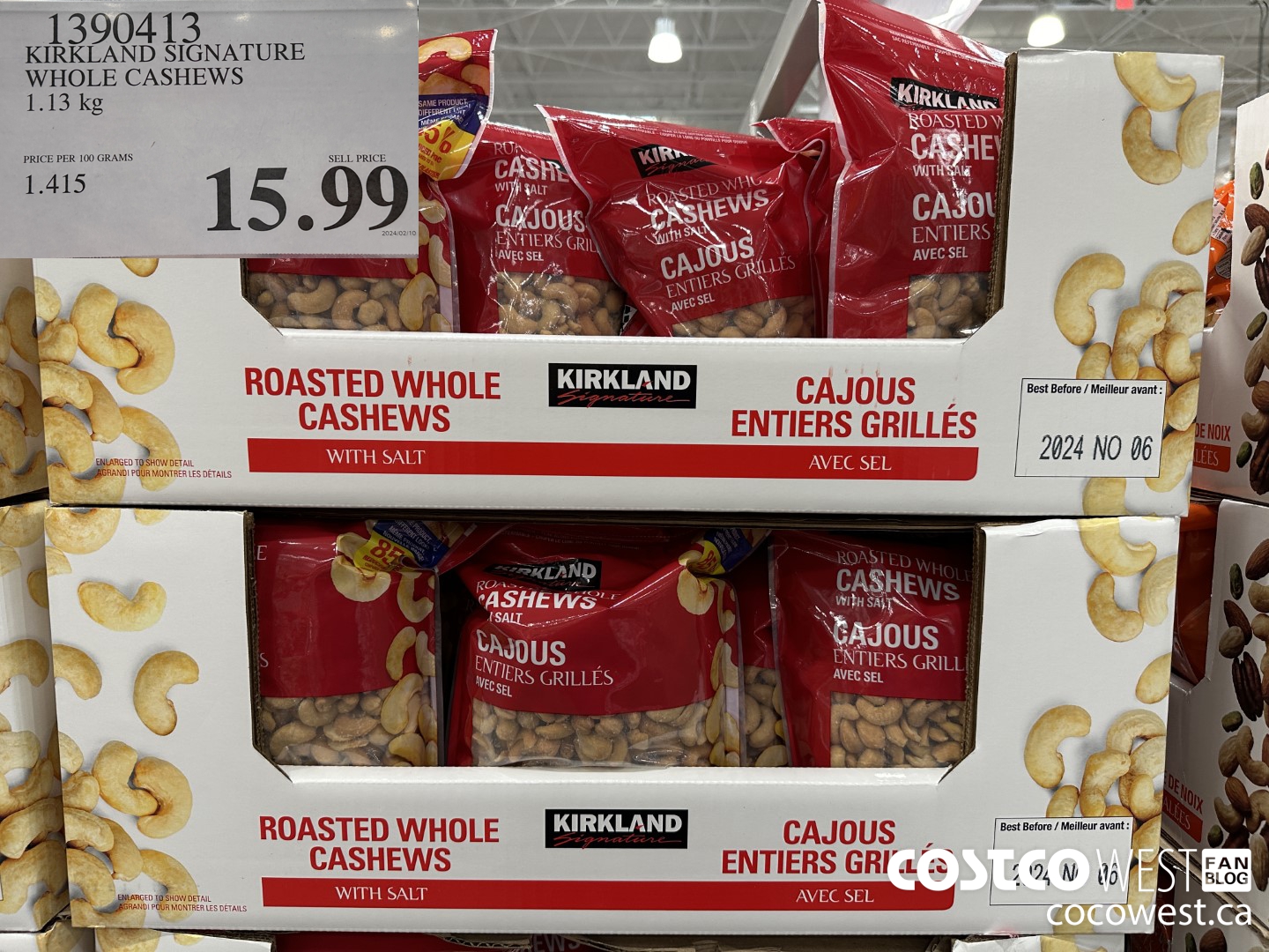 1390413 KIRKLAND SIGNATURE WHOLE CASHEWS 1.13 KG $15.99