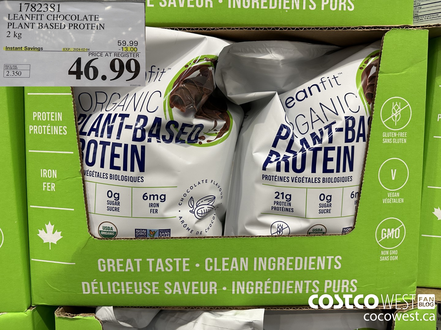 1782381 LEANFIT CHOCOLATE PLANT BASED PROTEIN 2KG ($13.00 INSTANT SAVINGS EXPIRES ON 2024-02-04) $46.99