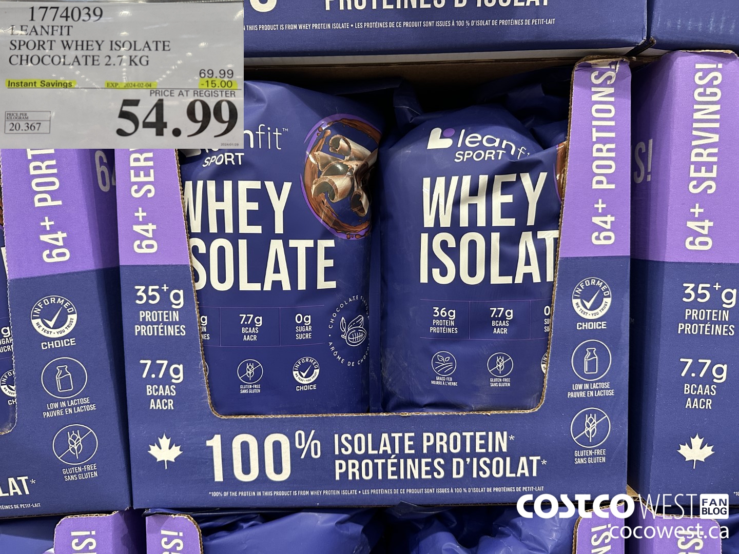 1774039 LEANFIT SPORT WHEY ISOLATE CHOCOLATE 2.7KG ($15.00 INSTANT SAVINGS EXPIRES ON 2024-02-04) $54.99