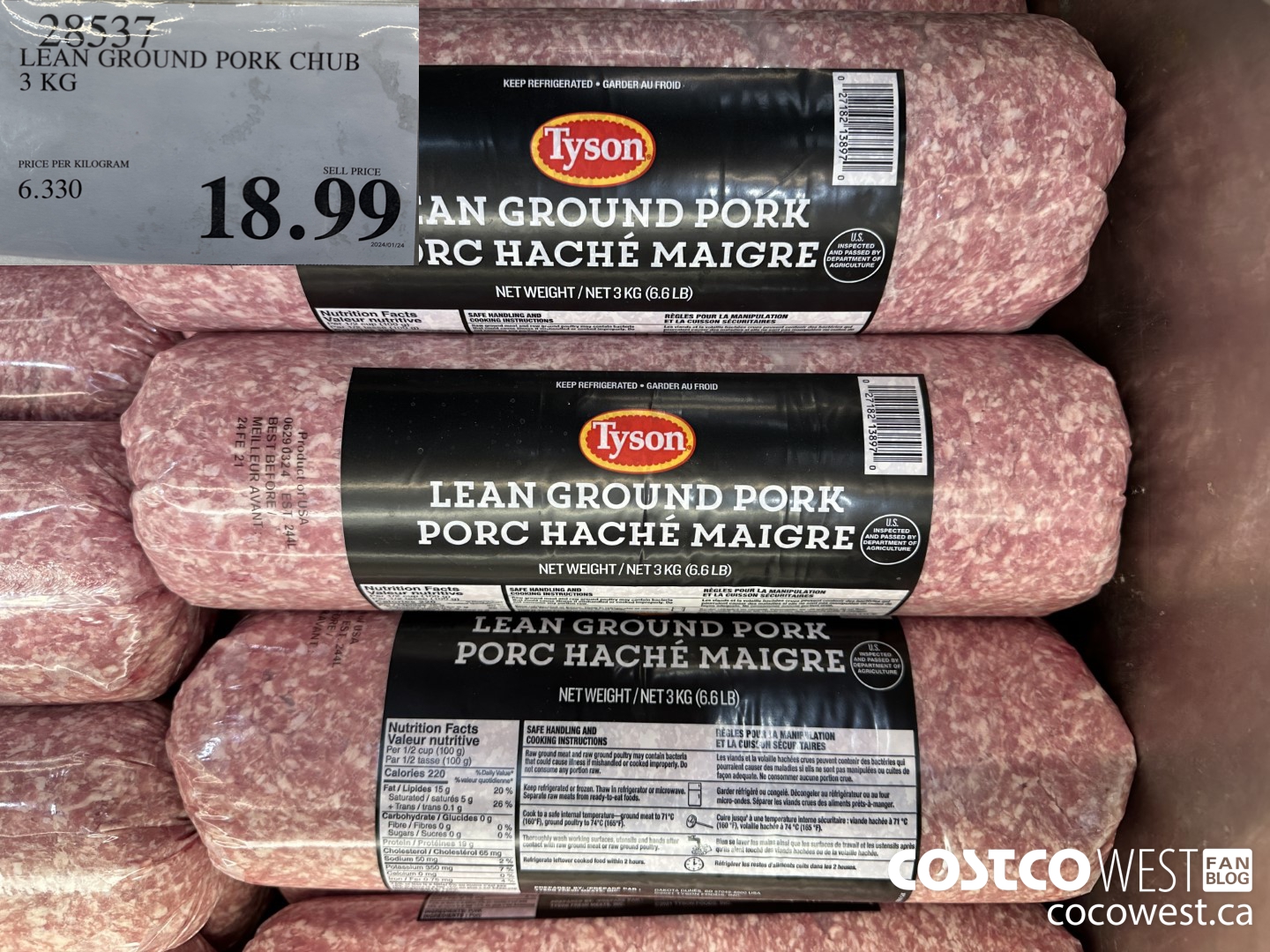 28537 LEAN GROUND PORK CHUB 3KG $18.99