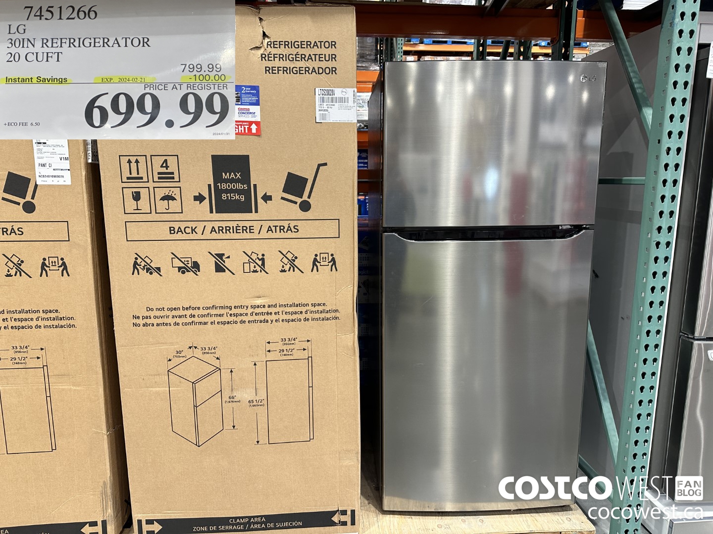 7451266 LG 30 IN. REFRIGERATOR 20 cu.ft ($100.00 INSTANT SAVINGS EXPIRES ON 2024-02-21) $699.99