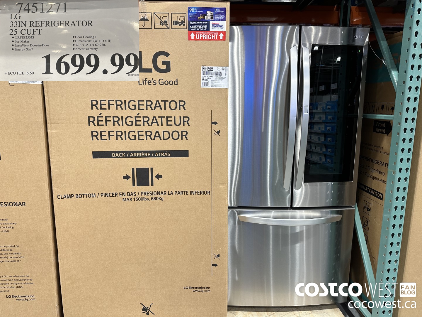 7451271 LG 33 IN. REFRIGERATOR 25 CU. FT. $1699.99