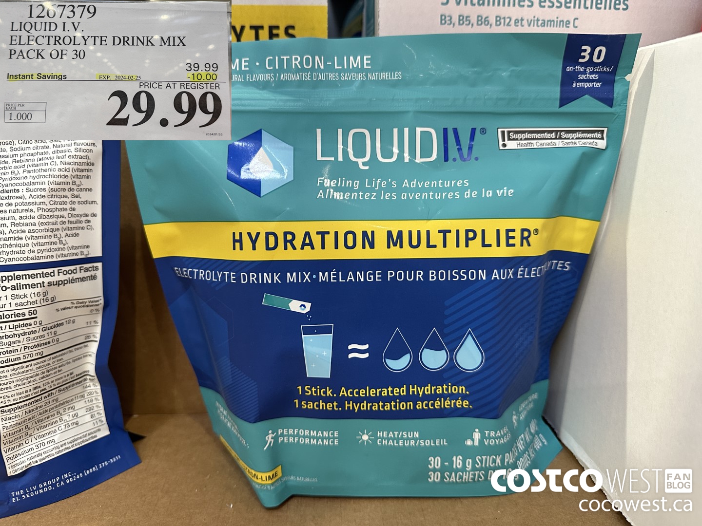 1267379 LIQUID I.V. ELECTROLYTE DRINK MIX PACK OF 30 ($10.00 INSTANT SAVINGS EXPIRES ON 2024-02-25) $29.99