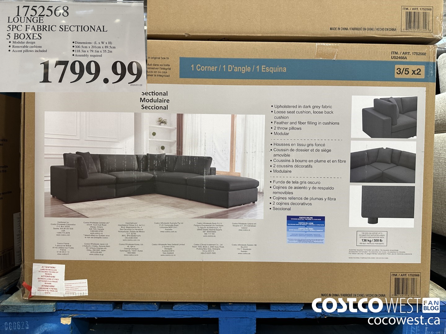 1752568 LOUNGE 5PC FABRIC SECTIONAL 5 BOXES $1799.99