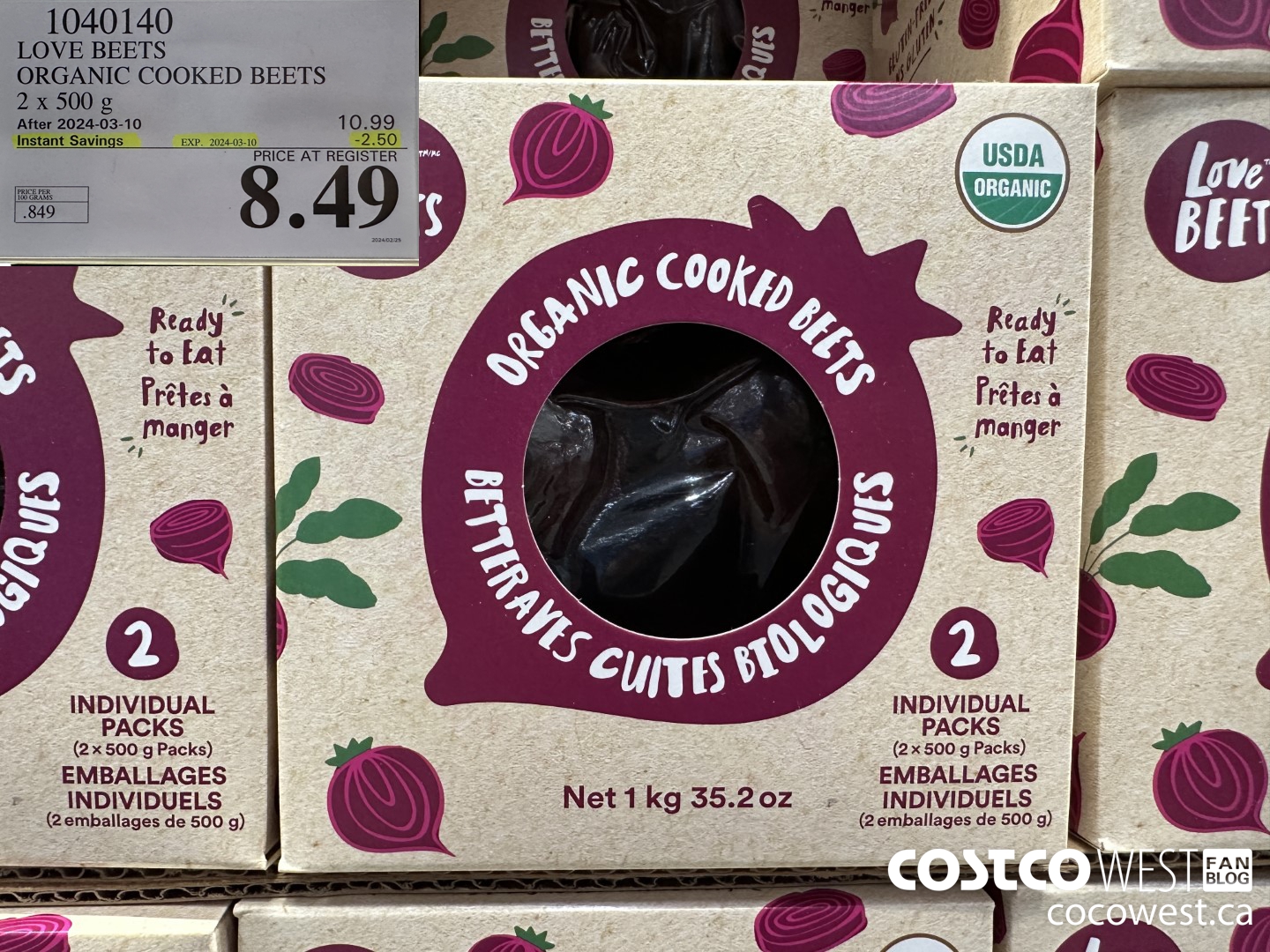 1040140 LOVE BEETS ORGANIC COOKED BEETS 2 X 500G ($2.50 INSTANT SAVINGS EXPIRES ON 2024-03-10) $8.49