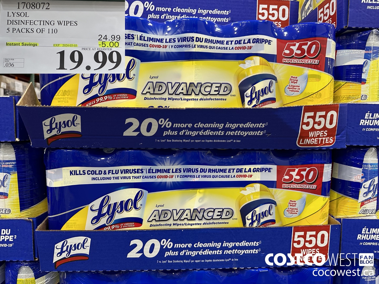 1708072 LYSOL DISINFECTING WIPES 5 X 110 WIPES ($5.00 INSTANT SAVINGS EXPIRES ON 2024-03-03) $19.99