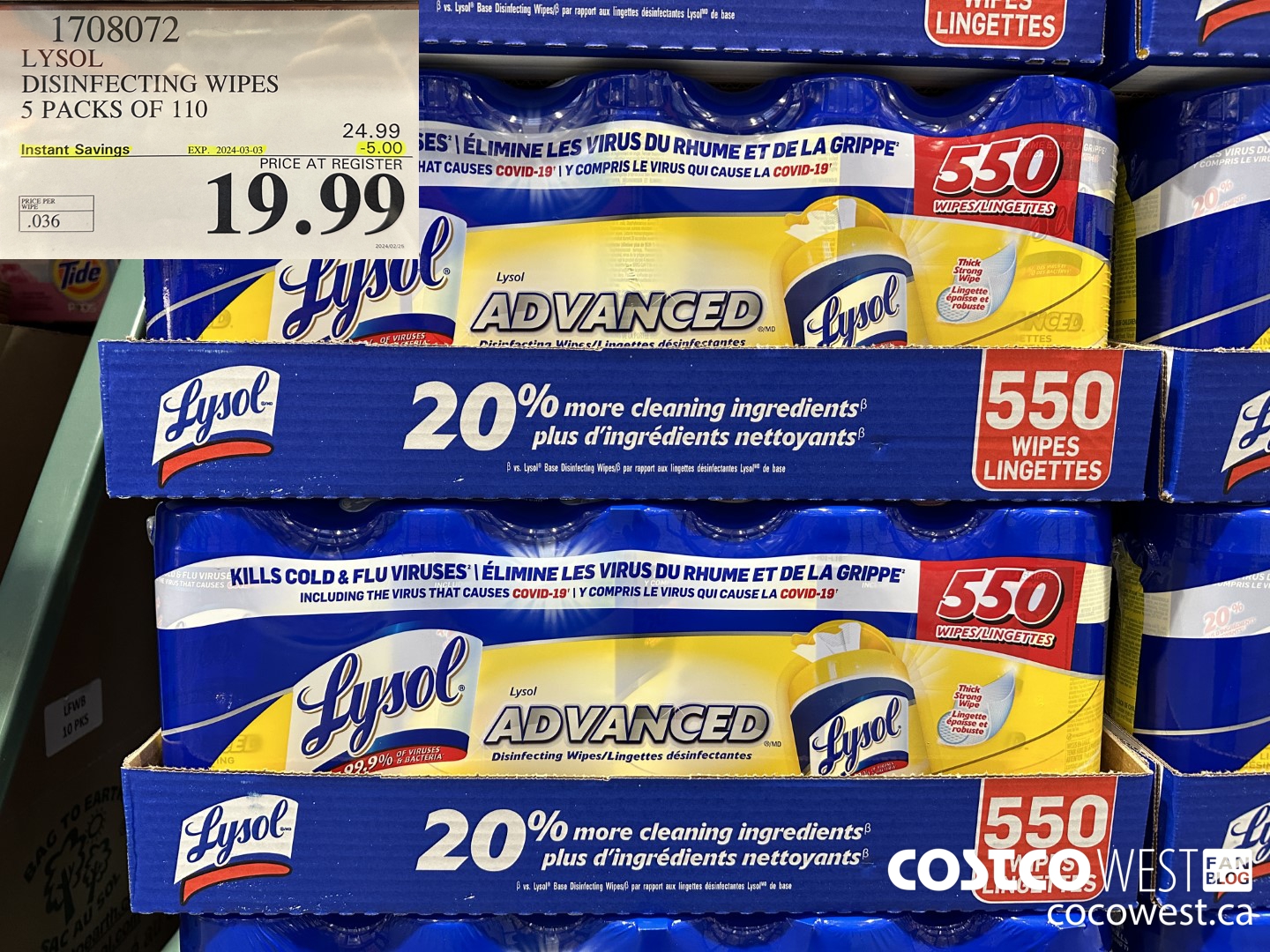 1708072 LYSOL DISINFECTING WIPES 5 X 110 WIPES ($5.00 INSTANT SAVINGS EXPIRES ON 2024-03-03) $19.99