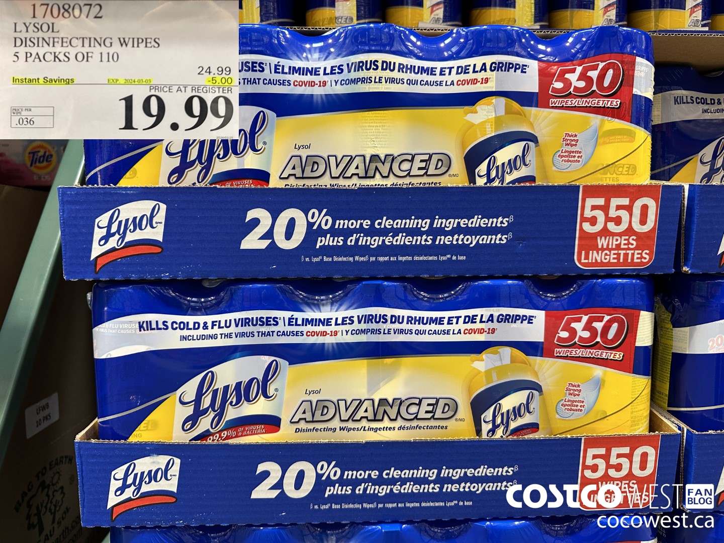 1708072 LYSOL DISINFECTING WIPES 5 X 110 WIPES ($5.00 INSTANT SAVINGS EXPIRES ON 2024-03-03) $19.99