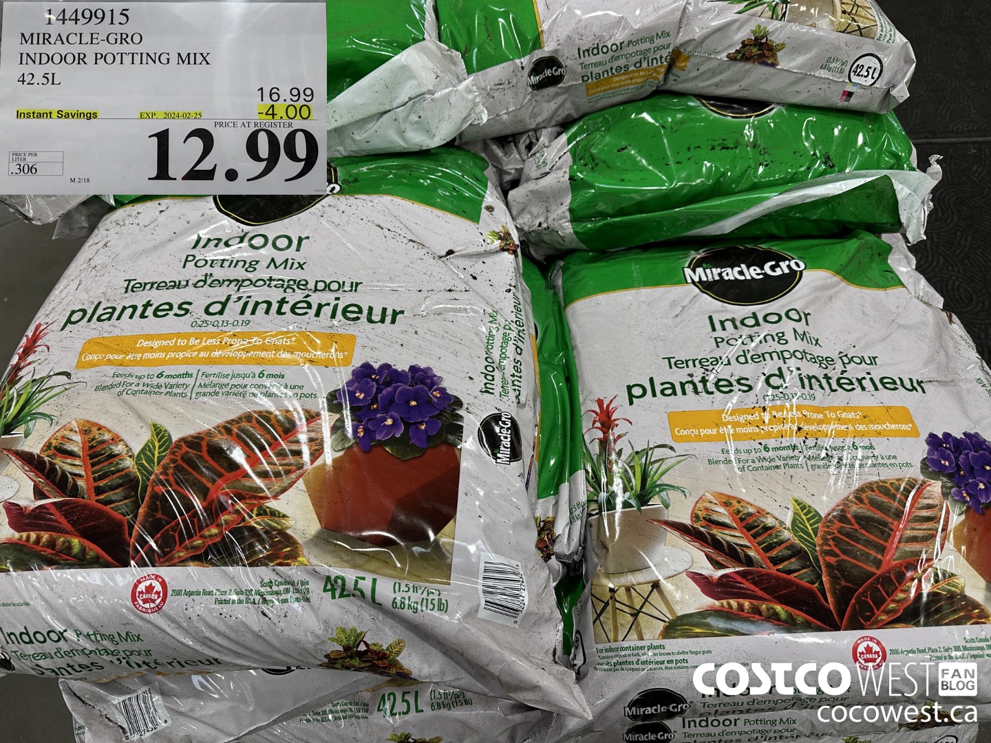 1449915 MIRACLE-GRO INDOOR POTTING MIX 42.5L ($4.00 INSTANT SAVINGS EXPIRES ON 2024-02-25) $12.99