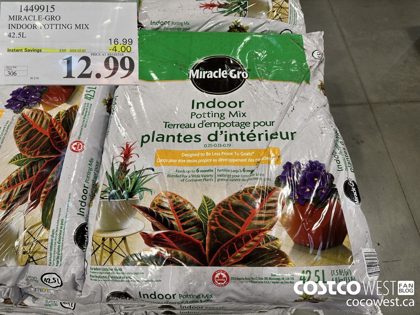 1449915 MIRACLE-GRO INDOOR POTTING MIX 42.5L ($4.00 INSTANT SAVINGS EXPIRES ON 2024-03-03) $12.99