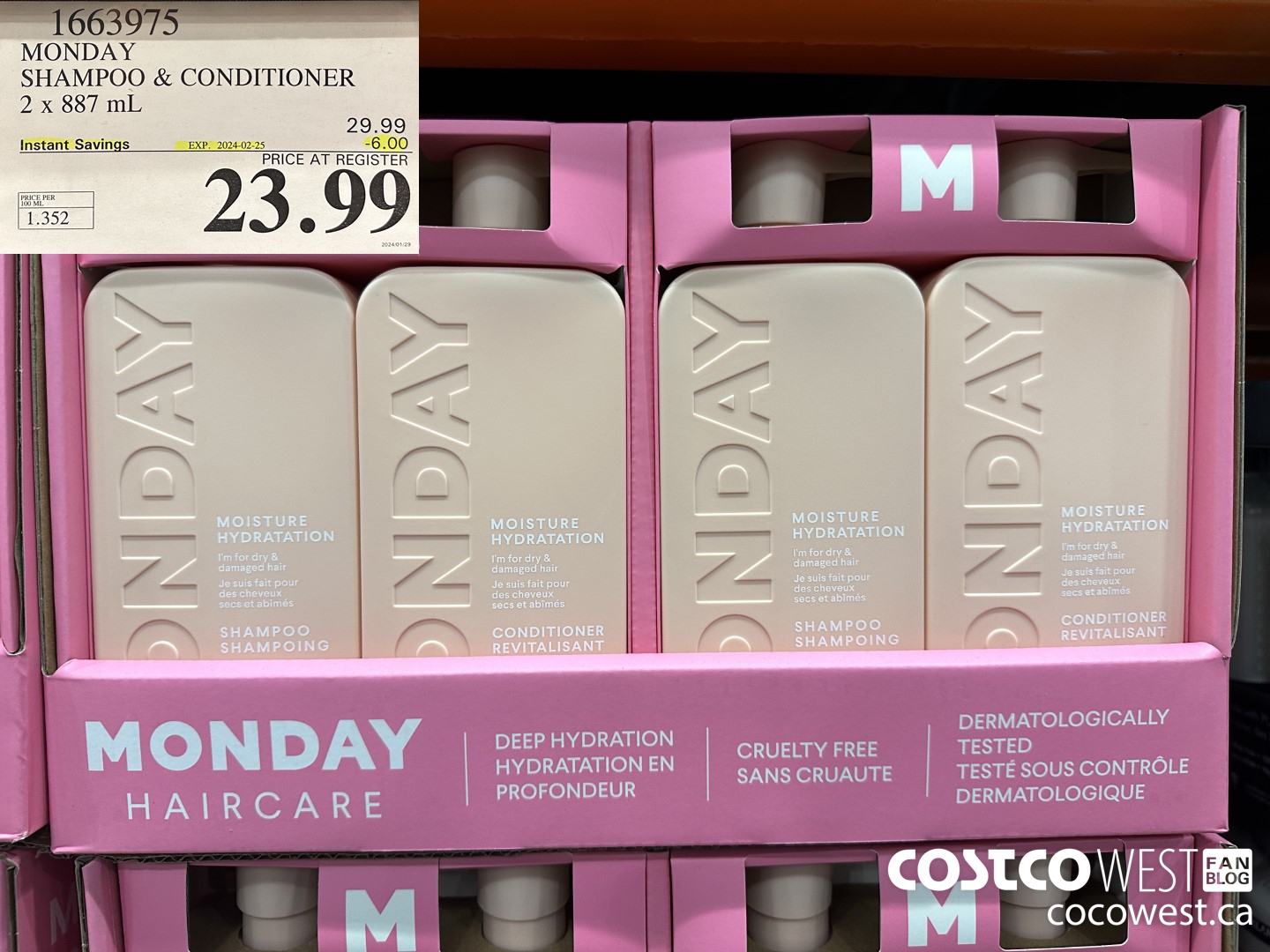 1663975 MONDAY SHAMPOO & CONDITIONER 2 X 887 ML ($6.00 INSTANT SAVINGS EXPIRES ON 2024-02-25) $23.99
