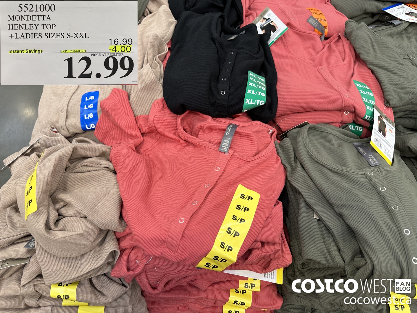 5521000 MONDETTA HENLEY TOP LADIES SIZES S-XXL ($4.00 INSTANT SAVINGS EXPIRES ON 2024-03-03) $12.99