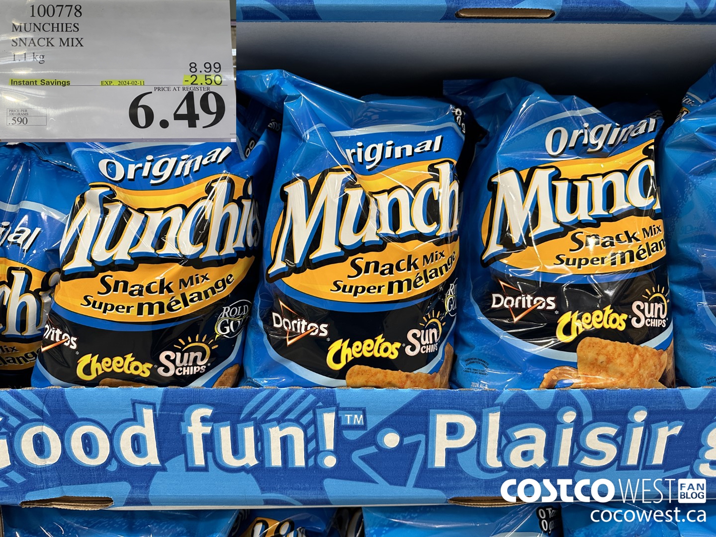 100778 MUNCHIES SNACK MIX 1.1 kg ($2.50 INSTANT SAVINGS EXPIRES ON 2024-02-11) $6.49