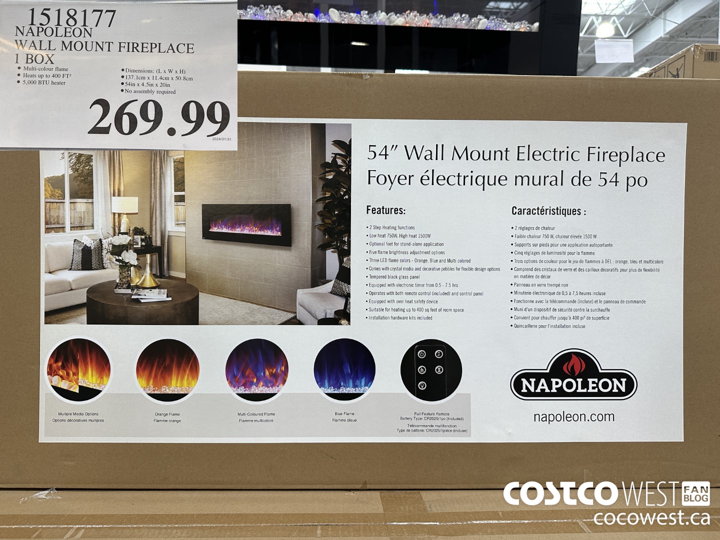 1518177 NAPOLEON WALL MOUNT FIREPLACE 1 BOX $269.99