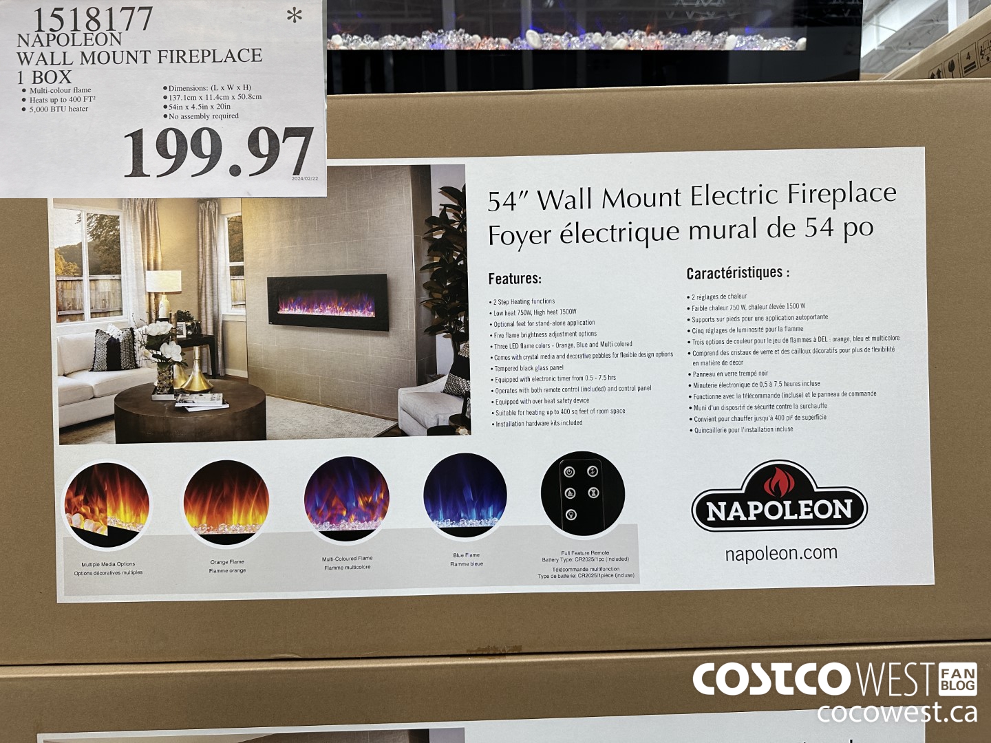 1518177 NAPOLEON WALL MOUNT FIREPLACE 1 BOX $199.97