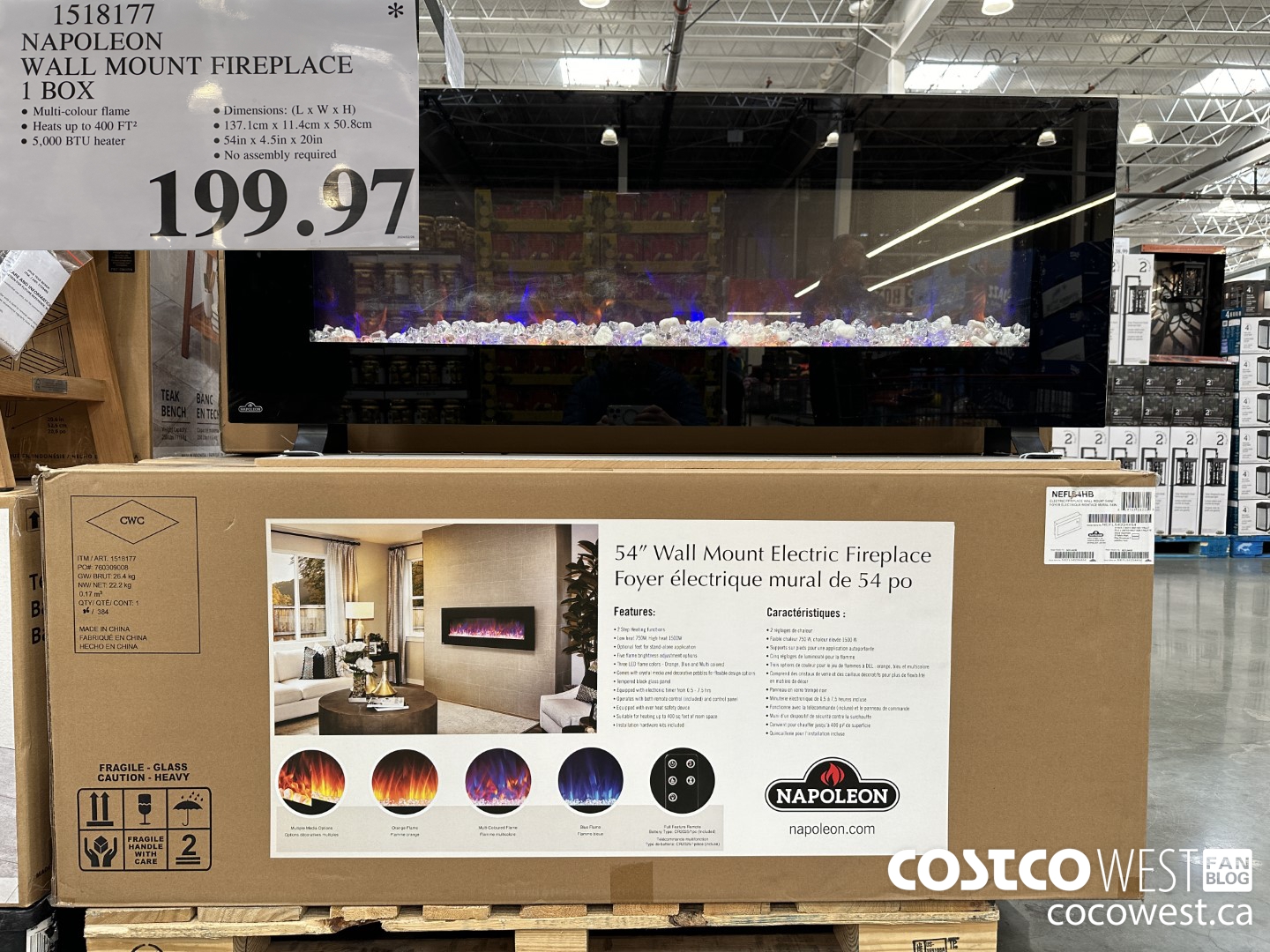 1518177 NAPOLEON WALL MOUNT FIREPLACE 1 BOX $199.97