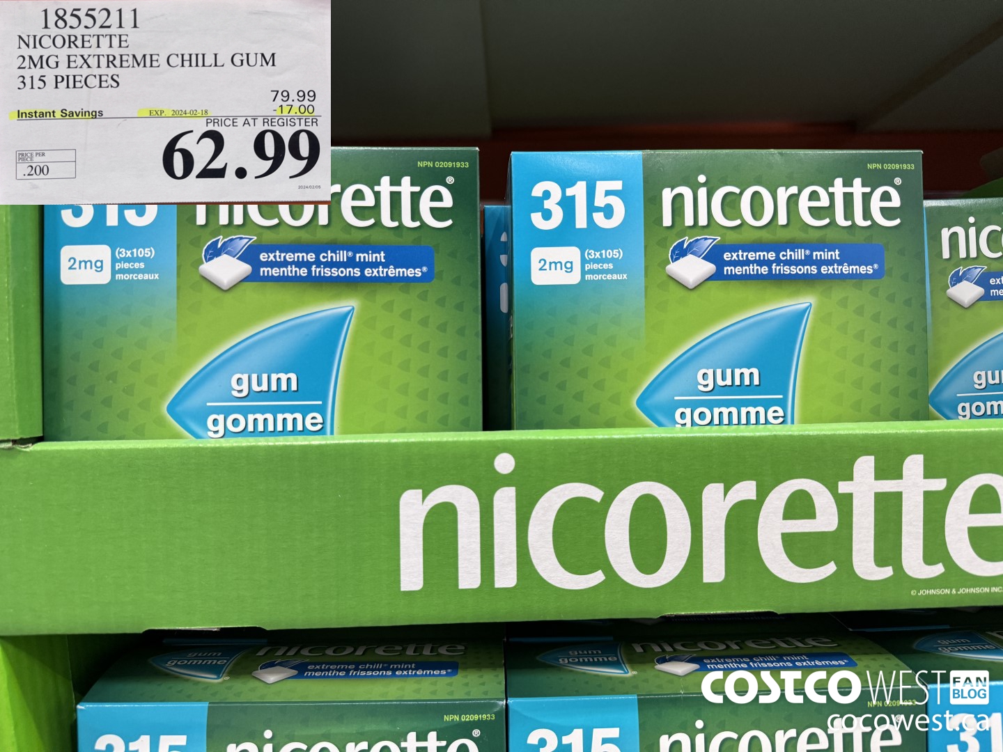 1855211 NICORETTE 2MG EXTREME CHILL GUM 315 PIECES ($17.00 INSTANT SAVINGS EXPIRES ON 2024-02-18) $62.99