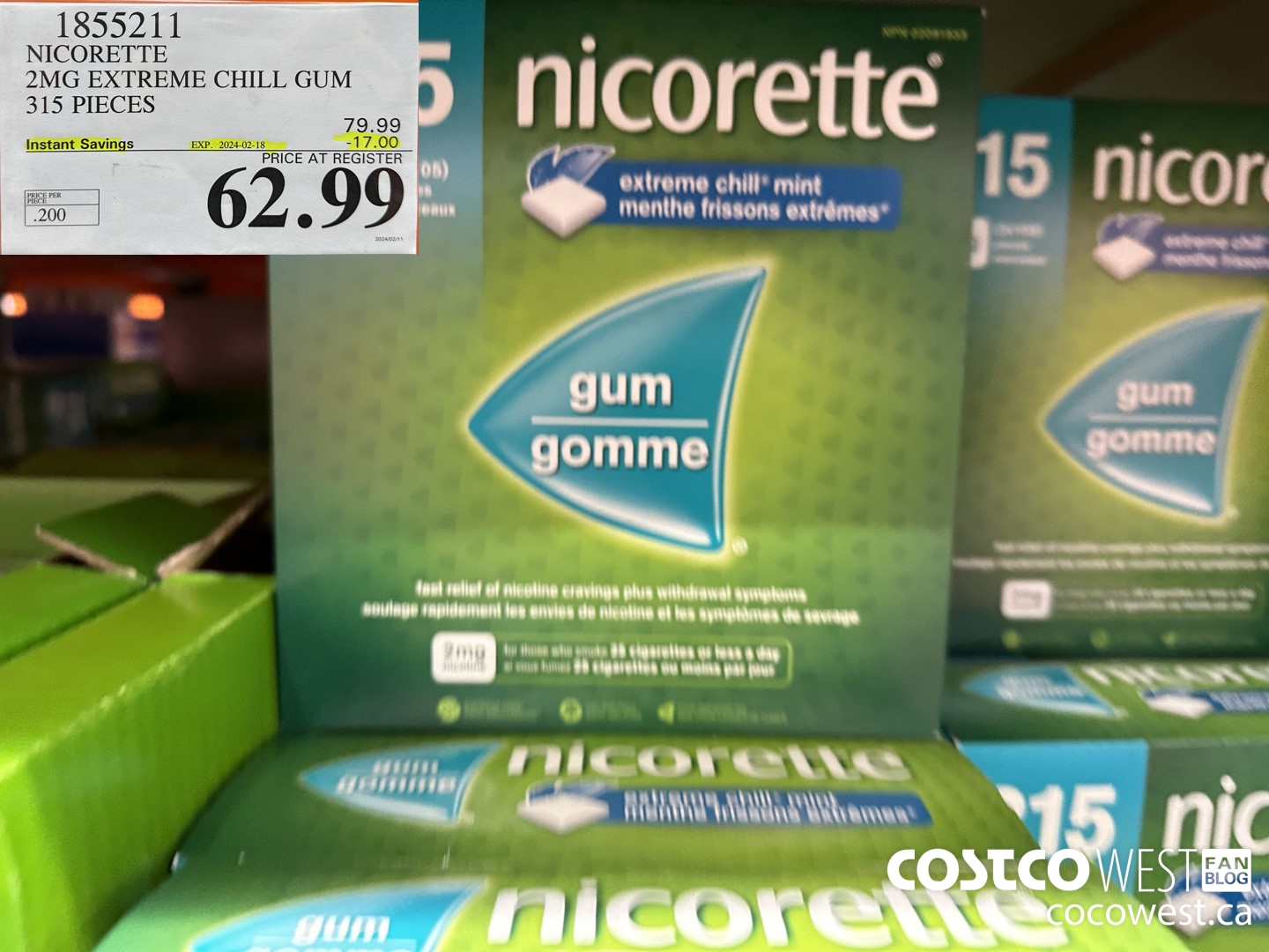 1855211 NICORETTE 2MG EXTREME CHILL GUM 315 PIECES ($17.00 INSTANT SAVINGS EXPIRES ON 2024-02-18) $62.99