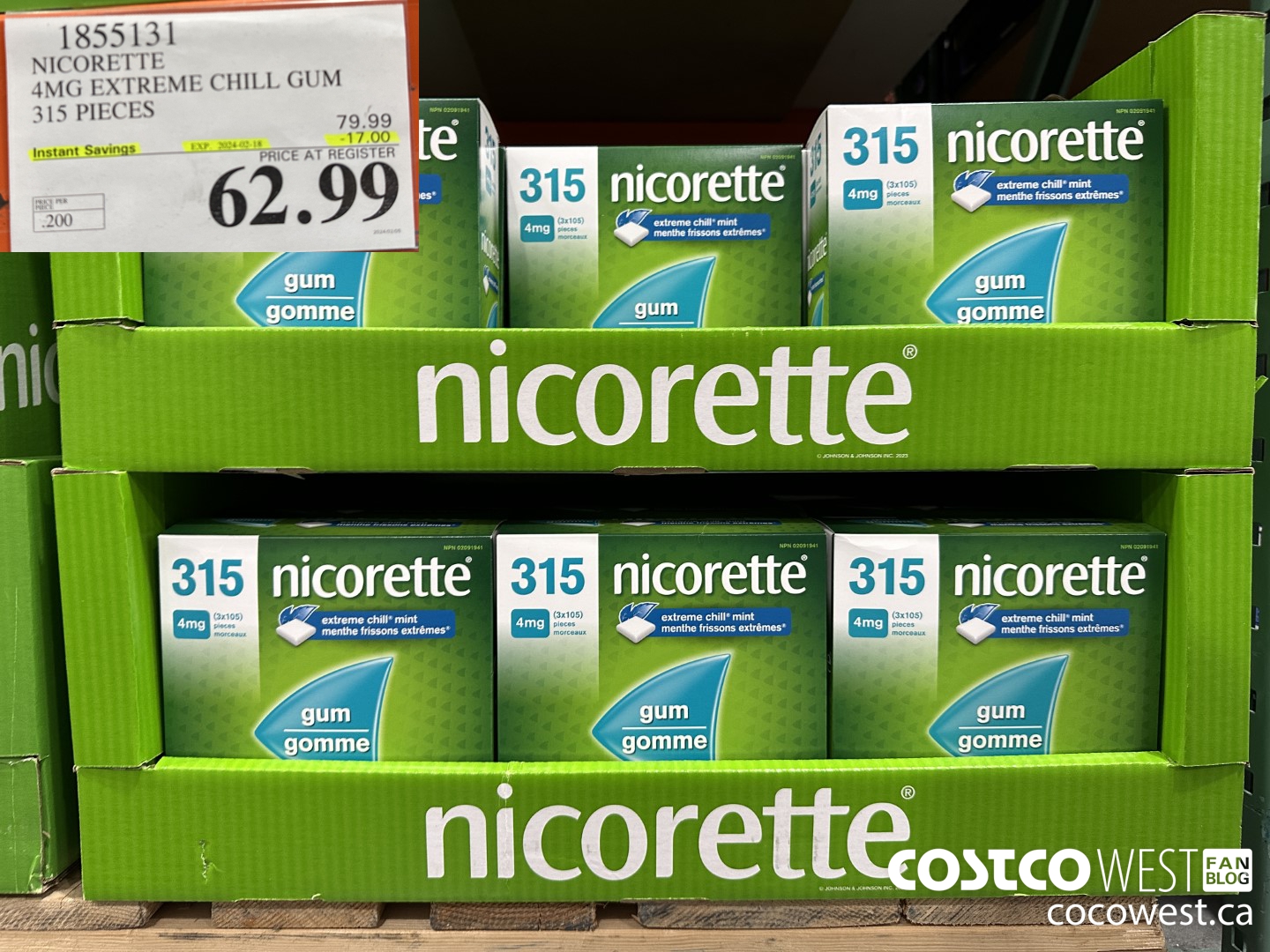 1855131 NICORETTE 4MG EXTREME CHILL GUM 315 PIECES ($17.00 INSTANT SAVINGS EXPIRES ON 2024-02-18) $62.99