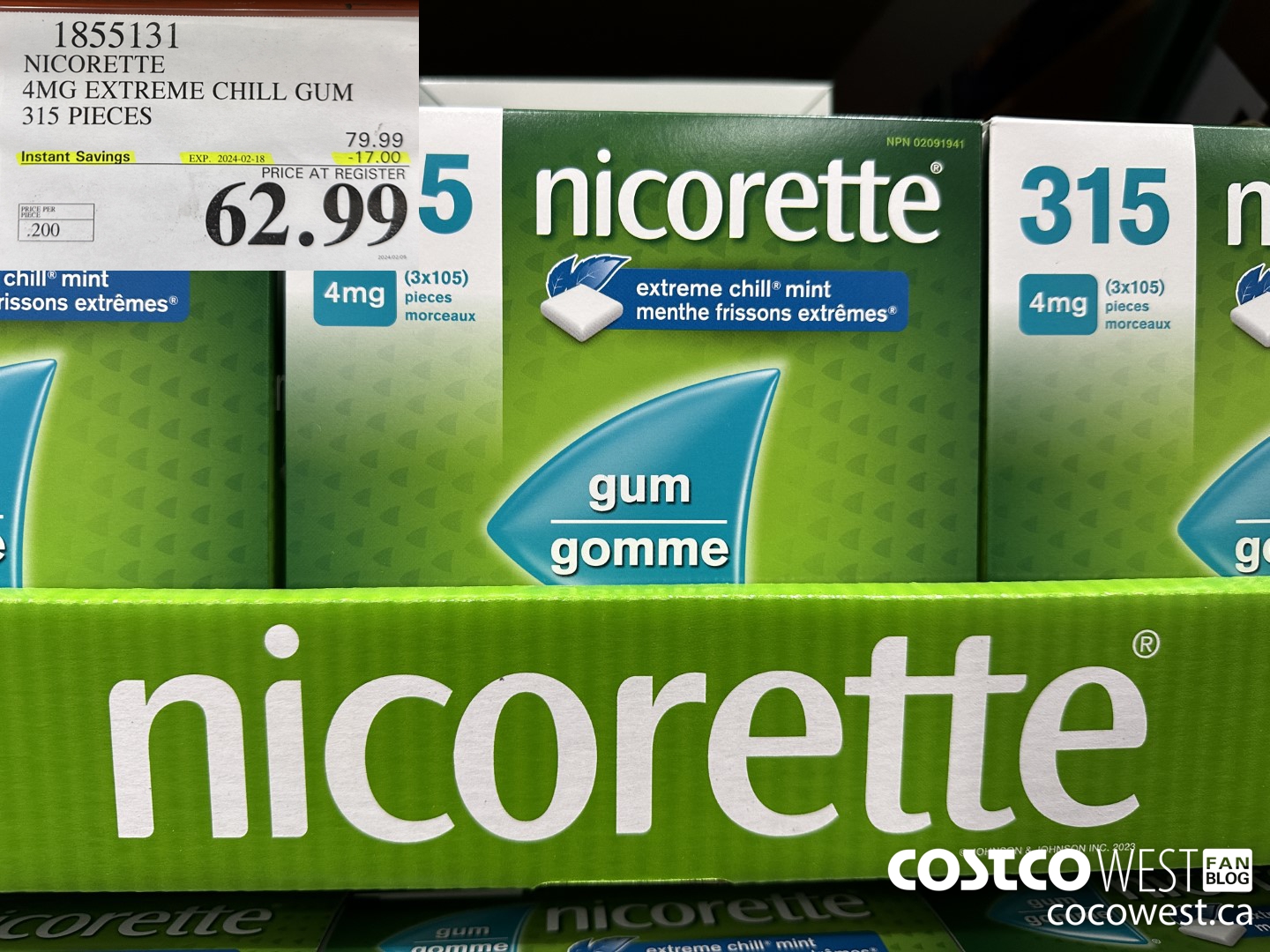 1855131 NICORETTE 4MG EXTREME CHILL GUM 315 PIECES ($17.00 INSTANT SAVINGS EXPIRES ON 2024-02-18) $62.99