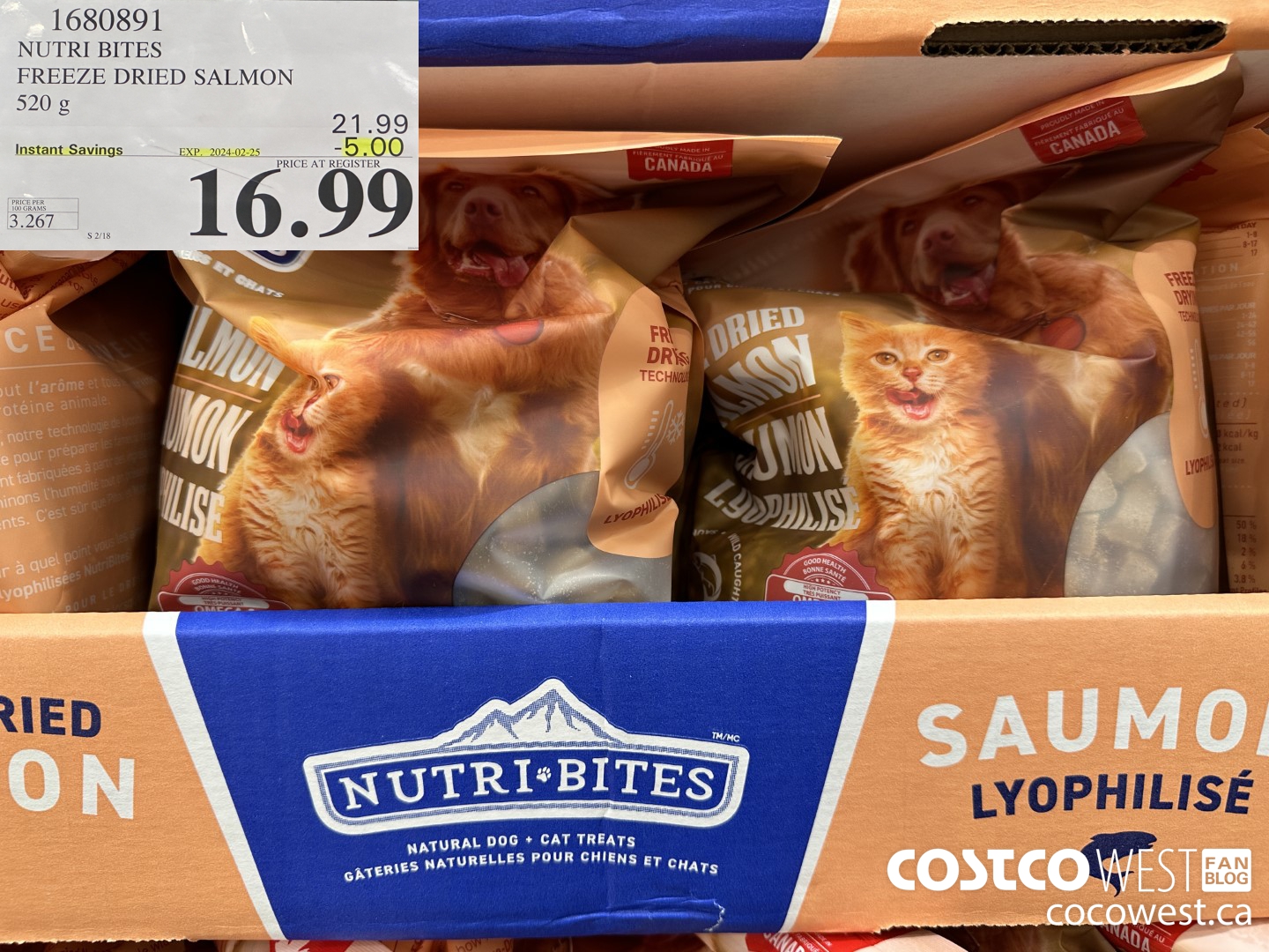 1680891 NUTRI BITES FREEZE DRIED SALMON 520G ($5.00 INSTANT SAVINGS EXPIRES ON 2024-02-25) $16.99