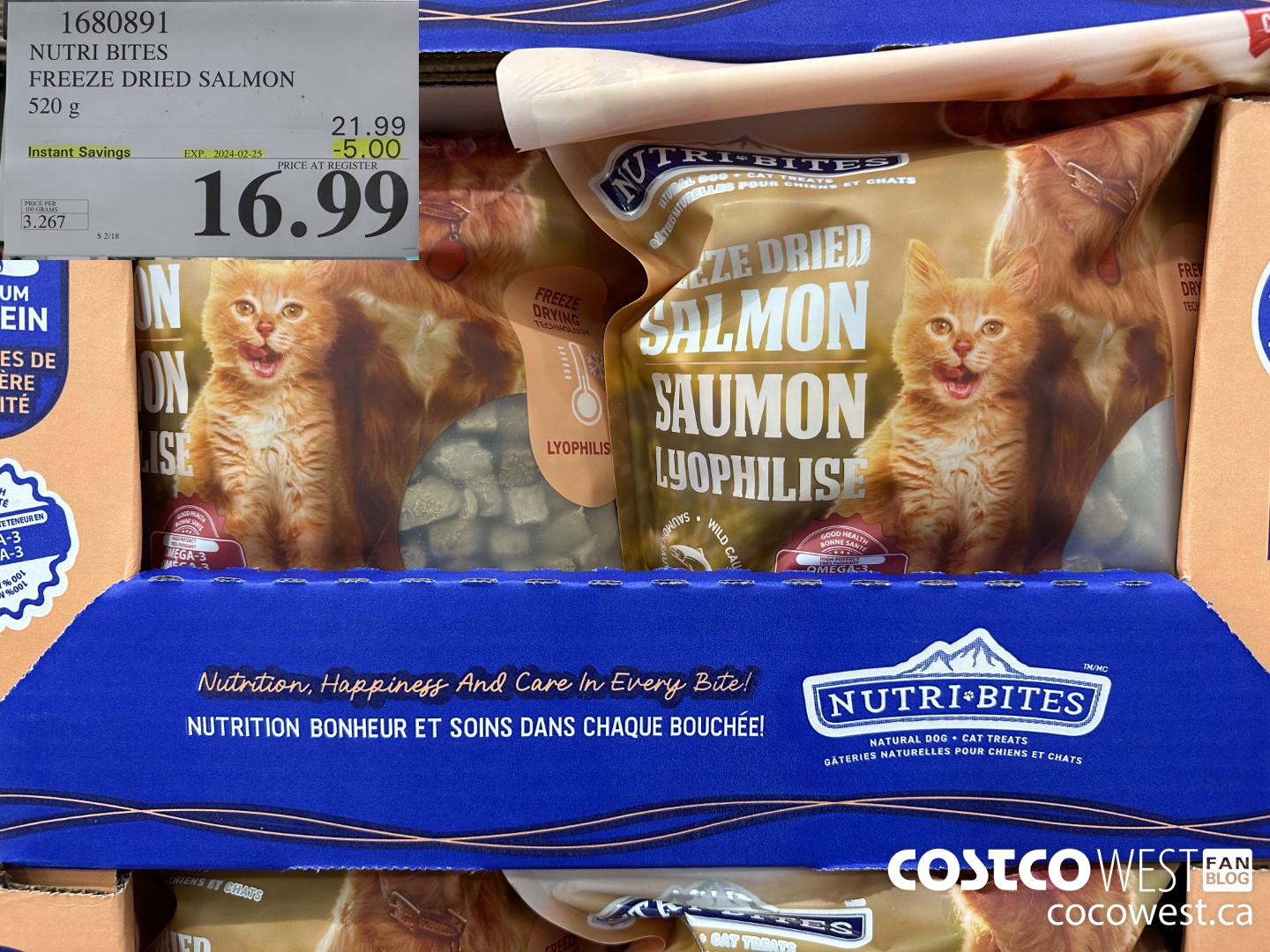 1680891 NUTRI BITES FREEZE DRIED SALMON 520G ($5.00 INSTANT SAVINGS EXPIRES ON 2024-02-25) $16.99