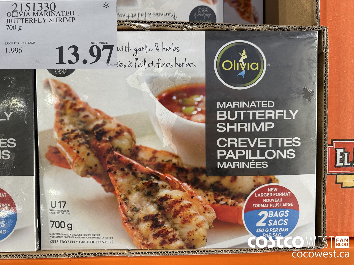 2151330 OLIVIA MARINATED BUTTERFLY SHRIMP 700G $13.97