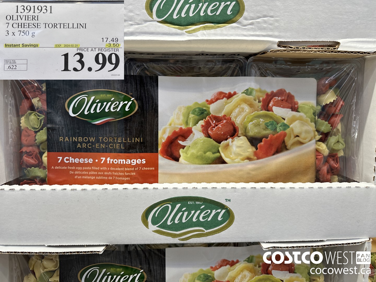 1391931 OLIVIERI 7 CHEESE TORTELLINI 3 x 750 g ($3.50 INSTANT SAVINGS EXPIRES ON 2024-02-25) $13.99