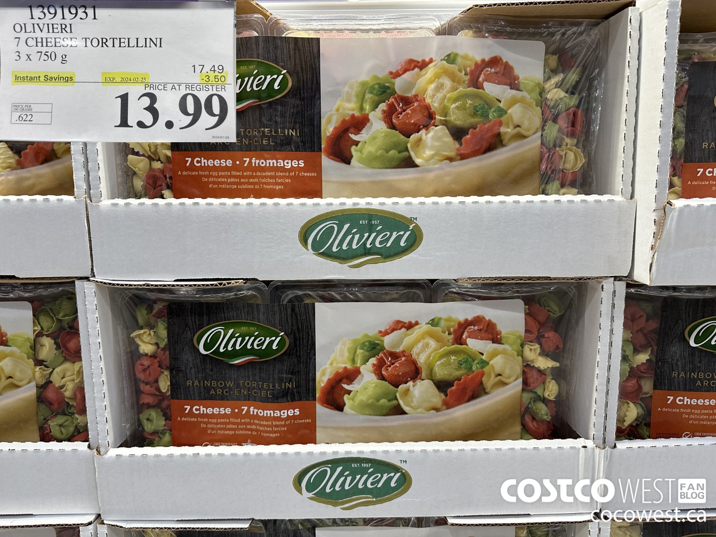 1391931 OLIVIERI 7 CHEESE TORTELLINI 3 x 750 g ($3.50 INSTANT SAVINGS EXPIRES ON 2024-02-25) $13.99