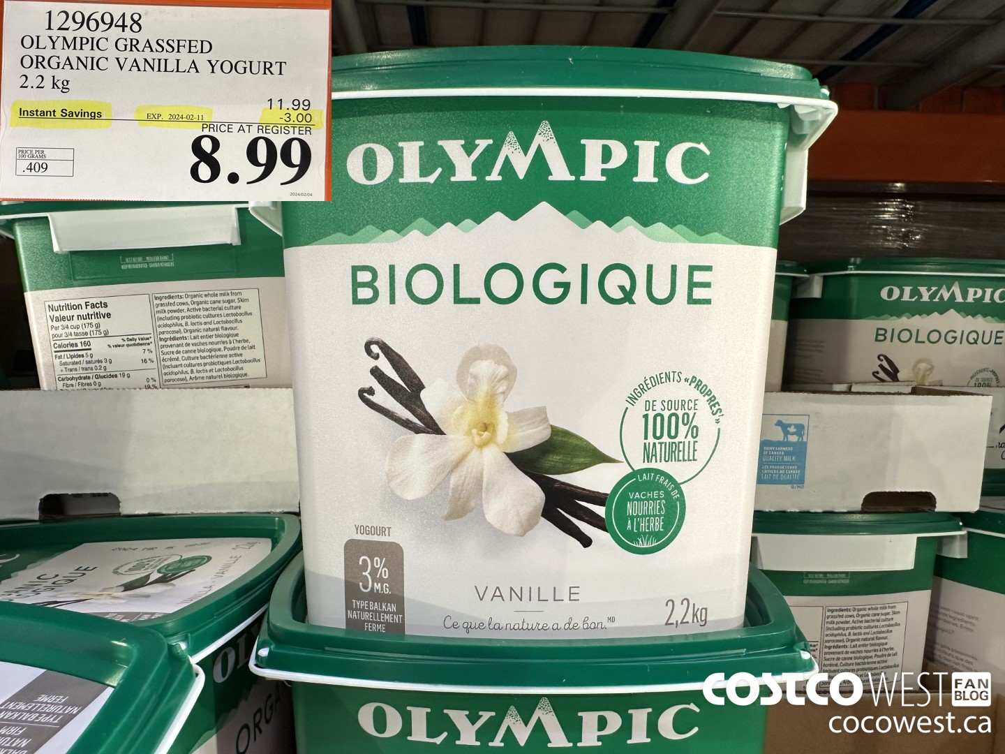1296948 OLYMPIC GRASSFED ORGANIC VANILLA YOGURT 2.2KG ($3.00 INSTANT SAVINGS EXPIRES ON 2024-02-11) $8.99