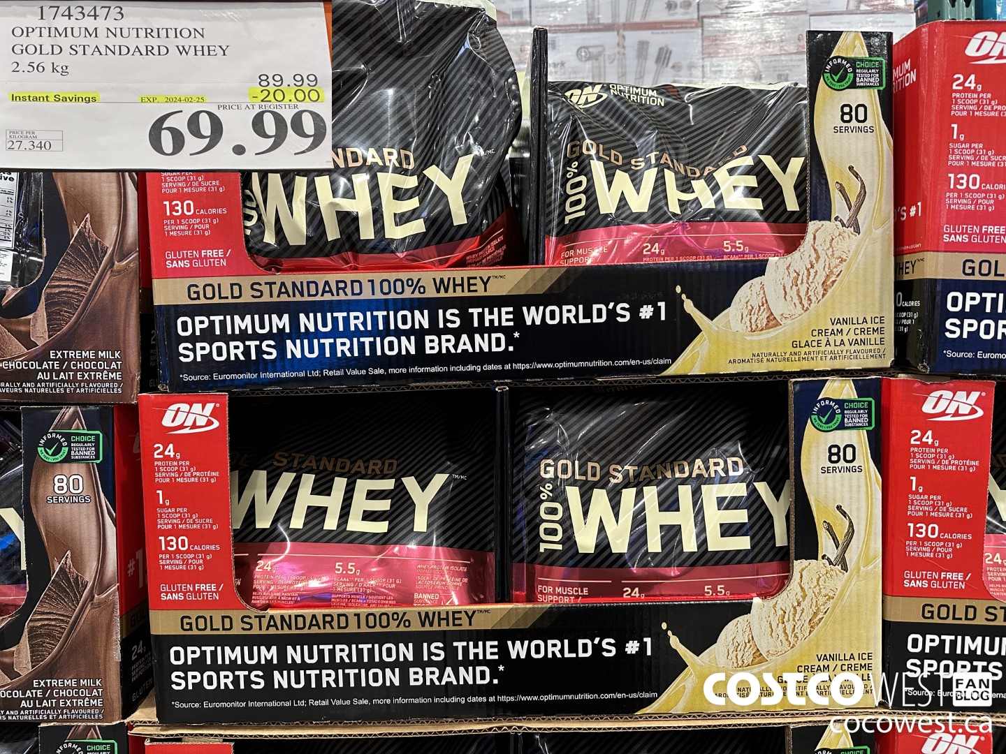 1743473 OPTIMUM NUTRITION GOLD STANDARD WHEY 2.56 KG ($20.00 INSTANT SAVINGS EXPIRES ON 2024-02-25) $69.99