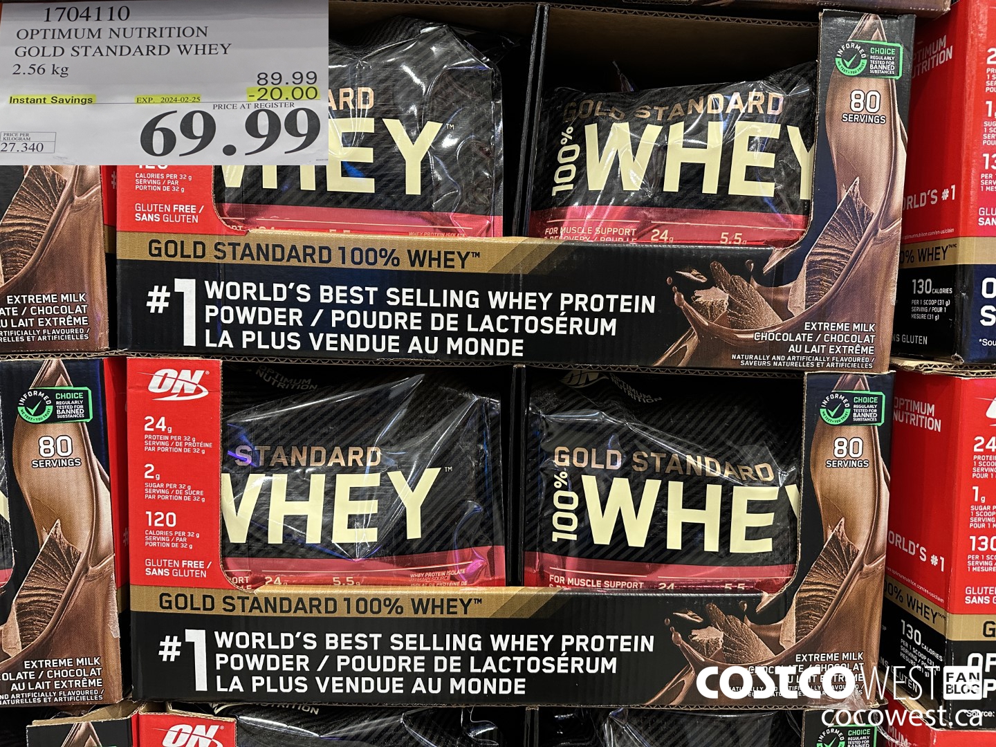 1704110 OPTIMUM NUTRITION GOLD STANDARD WHEY 2.56 KG ($20.00 INSTANT SAVINGS EXPIRES ON 2024-02-25) $69.99