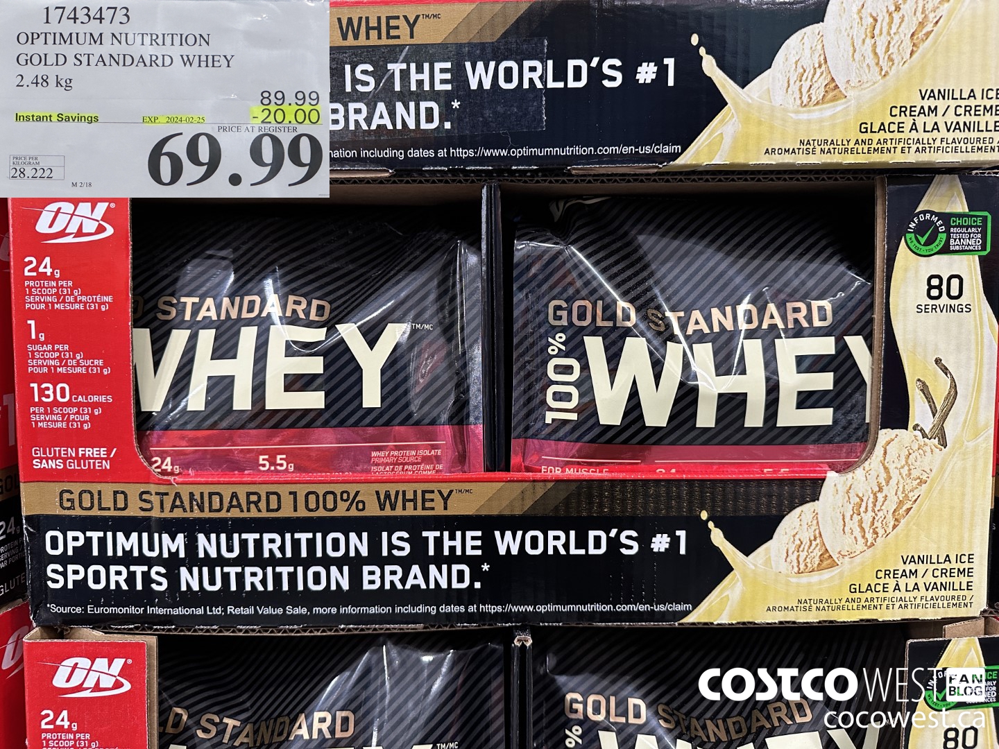 1743473 OPTIMUM NUTRITION GOLD STANDARD WHEY 2.56 KG ($20.00 INSTANT SAVINGS EXPIRES ON 2024-02-25) $69.99