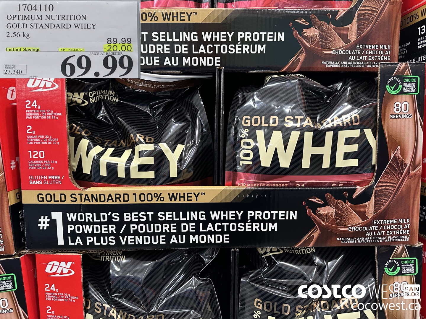 1704110 OPTIMUM NUTRITION GOLD STANDARD WHEY 2.56 KG ($20.00 INSTANT SAVINGS EXPIRES ON 2024-02-25) $69.99