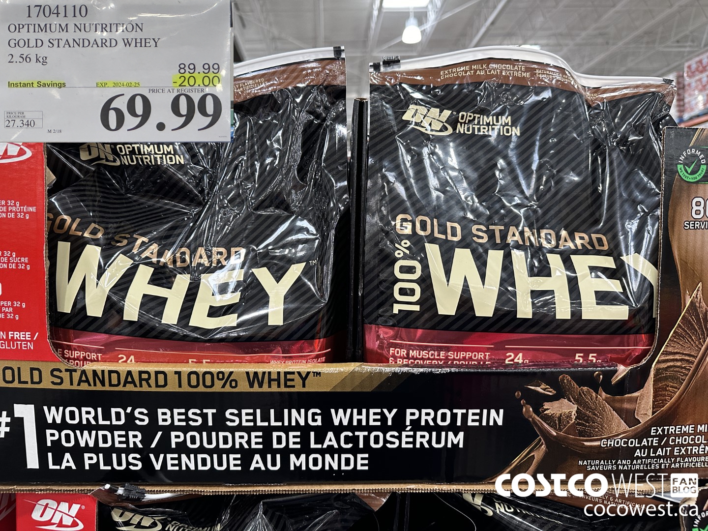 1704110 OPTIMUM NUTRITION GOLD STANDARD WHEY 2.56 KG ($20.00 INSTANT SAVINGS EXPIRES ON 2024-02-25) $69.99