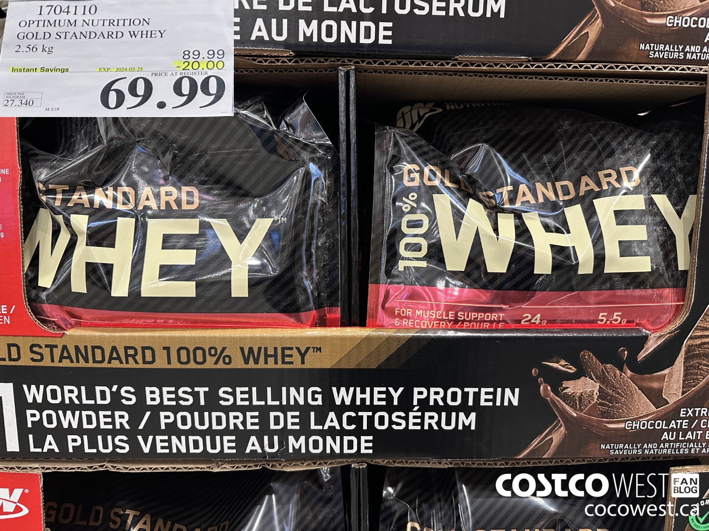 1704110 OPTIMUM NUTRITION GOLD STANDARD WHEY 2.56 KG ($20.00 INSTANT SAVINGS EXPIRES ON 2024-02-25) $69.99