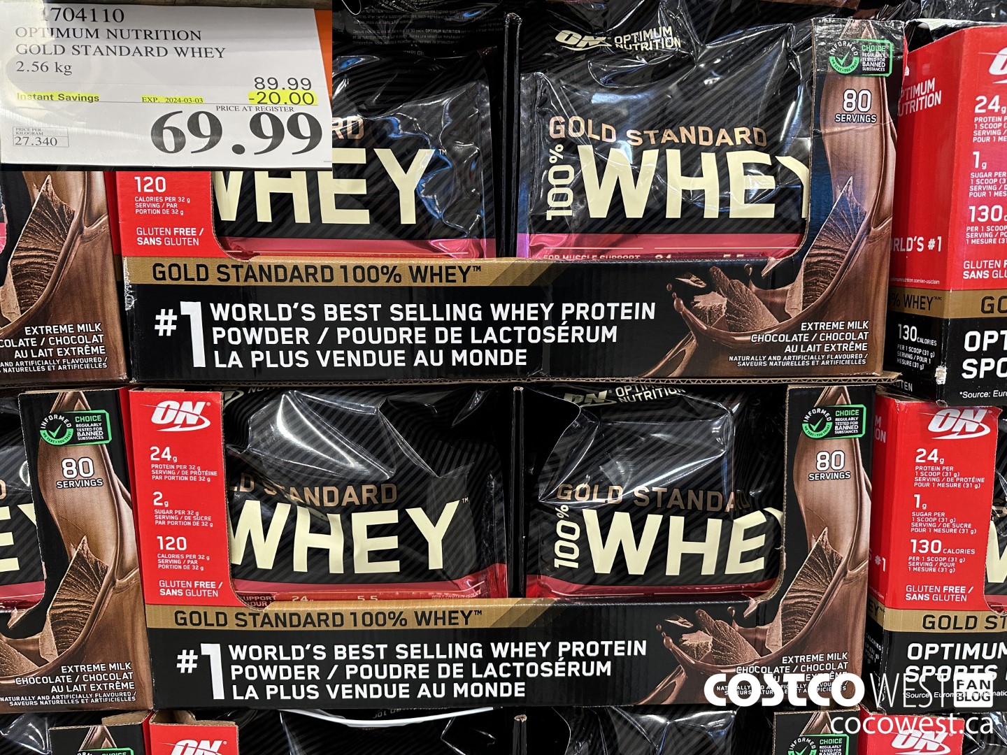 1704110 OPTIMUM NUTRITION GOLD STANDARD WHEY 2.56 KG ($20.00 INSTANT SAVINGS EXPIRES ON 2024-03-03) $69.99