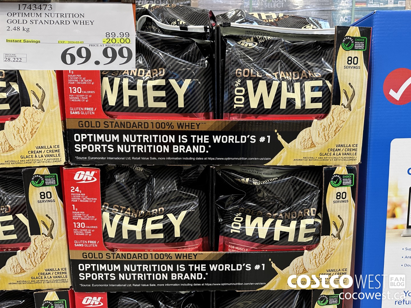 1743473 OPTIMUM NUTRITION GOLD STANDARD WHEY VANILLA 2.56 KG ($20.00 INSTANT SAVINGS EXPIRES ON 2024-03-03) $69.99