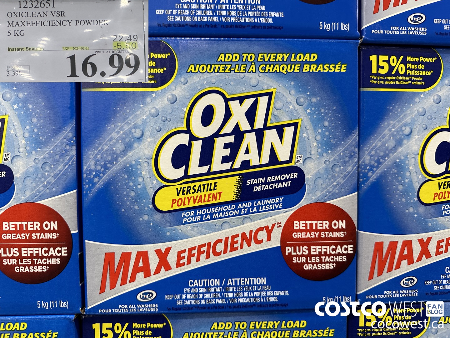 1232651 OXICLEAN VSR MAXEFFICIENCY POWDER 5 KG ($5.50 INSTANT SAVINGS EXPIRES ON 2024-02-25) $16.99