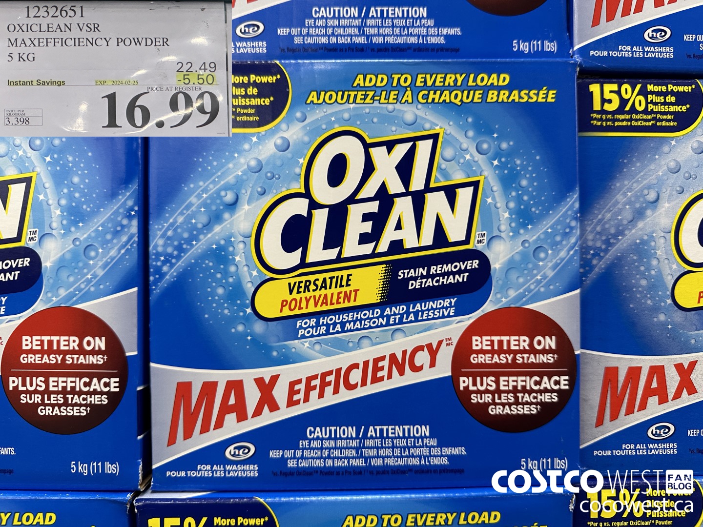 1232651 OXICLEAN VSR MAXEFFICIENCY POWDER 5 KG ($5.50 INSTANT SAVINGS EXPIRES ON 2024-02-25) $16.99