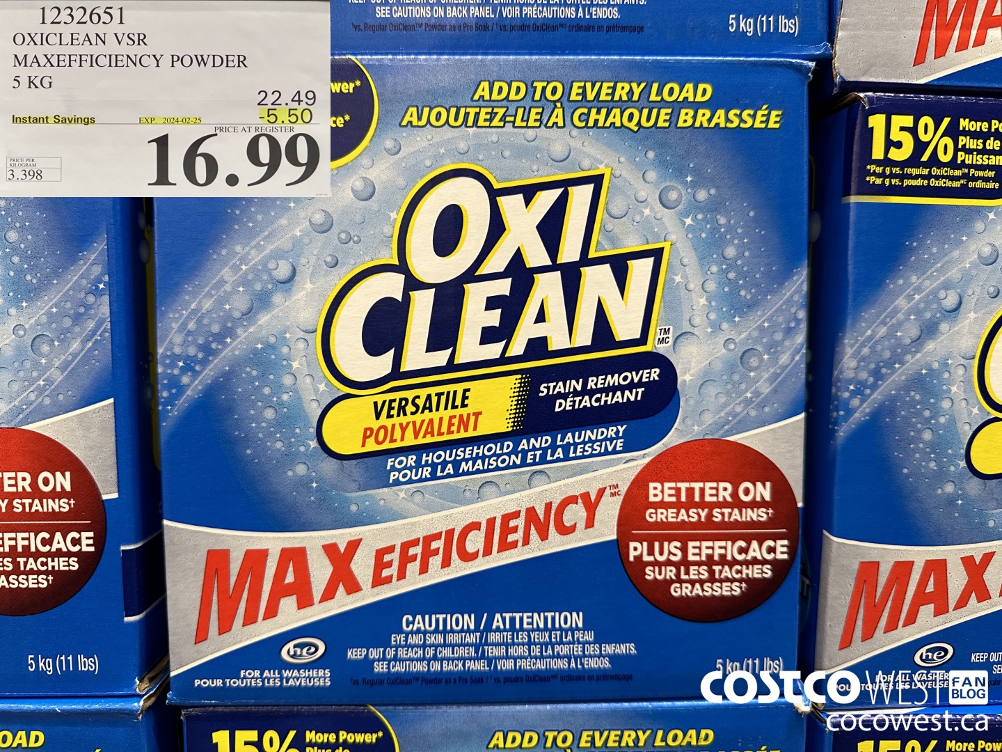 1232651 OXICLEAN VSR MAXEFFICIENCY POWDER 5 KG ($5.50 INSTANT SAVINGS EXPIRES ON 2024-02-25) $16.99