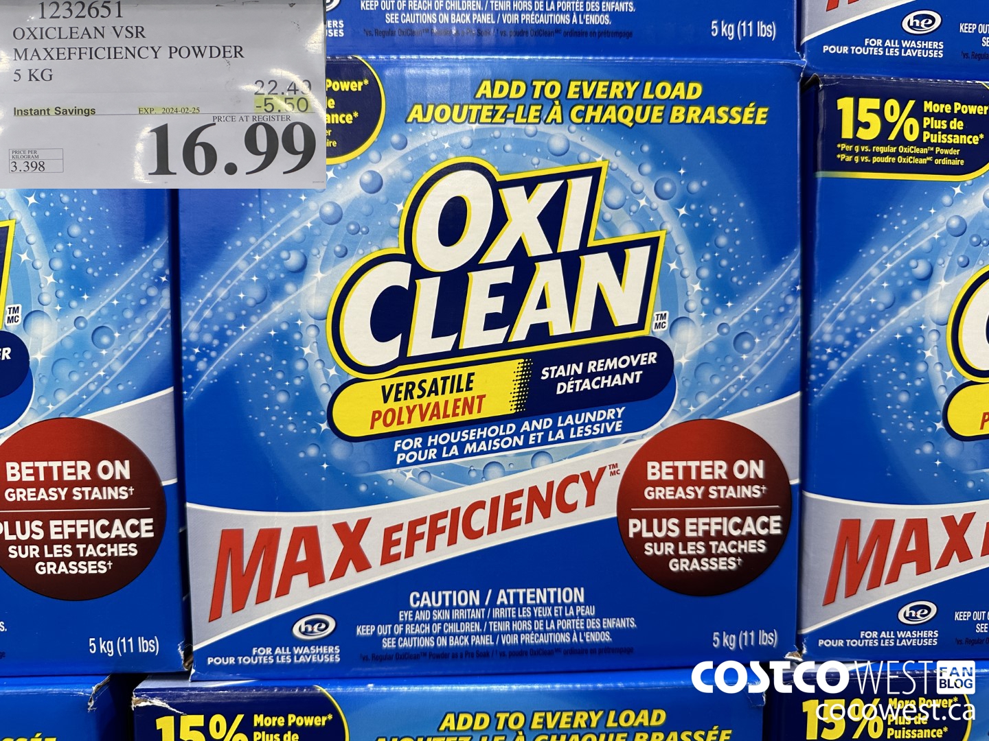 1232651 OXICLEAN VSR MAXEFFICIENCY POWDER 5 KG ($5.50 INSTANT SAVINGS EXPIRES ON 2024-02-25) $16.99