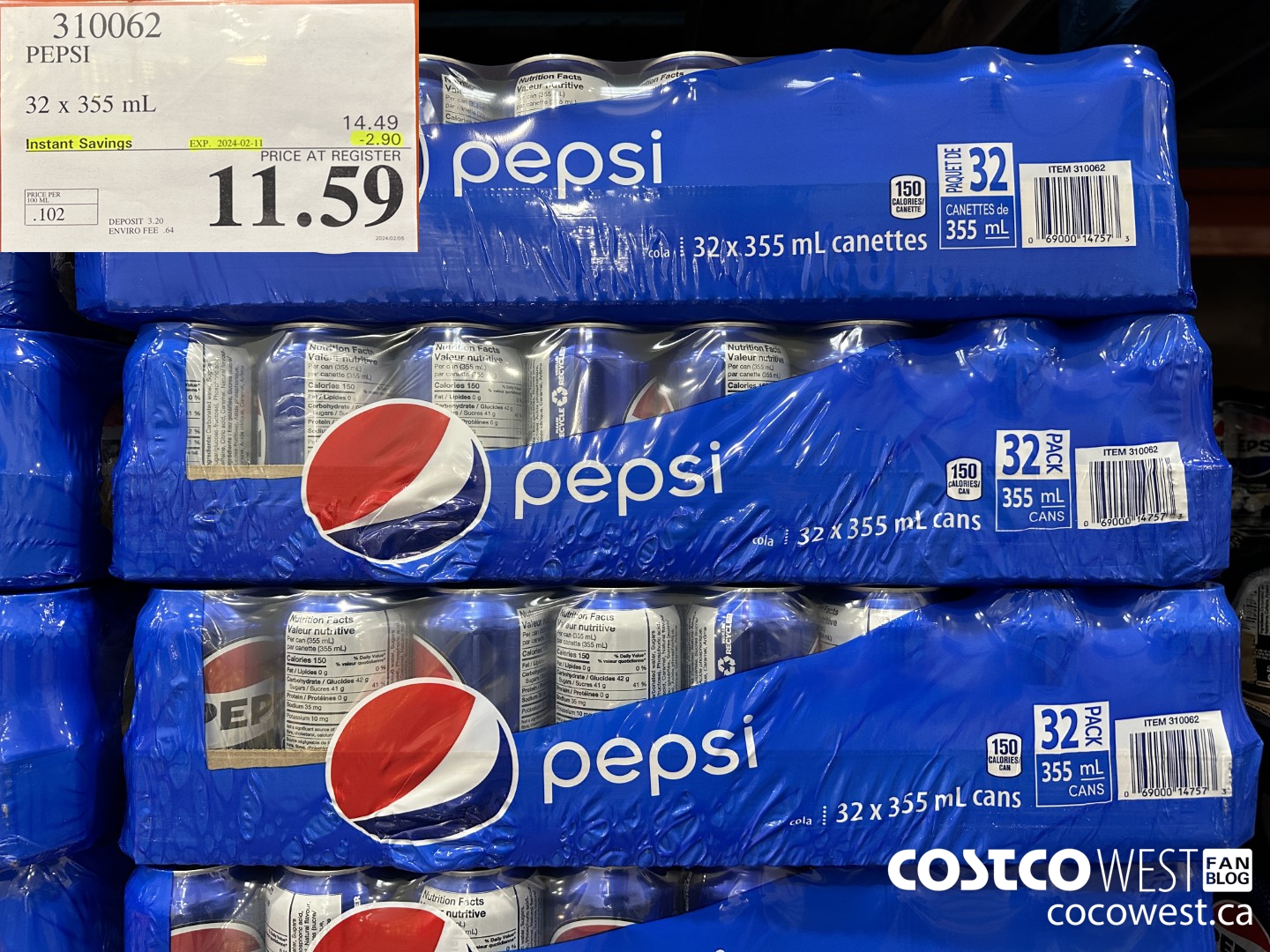310062 PEPSI 32 X 355 ML ($2.90 INSTANT SAVINGS EXPIRES ON 2024-02-11) $11.59