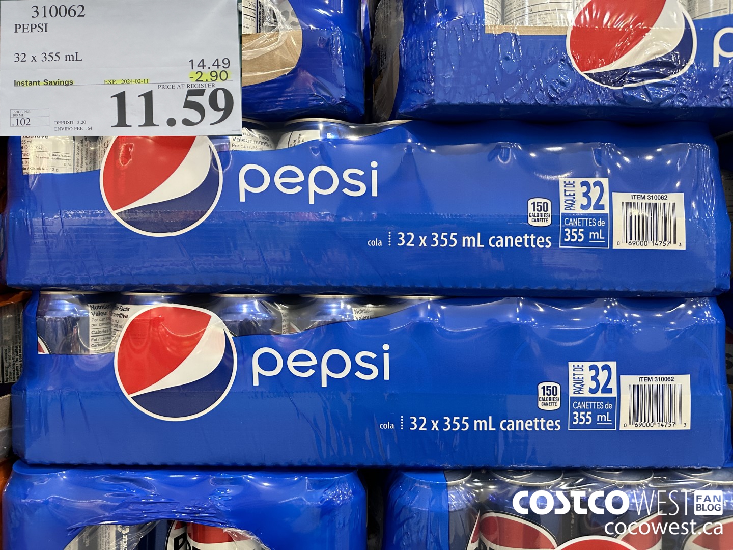 310062 PEPSI 32 X 355 ML ($2.90 INSTANT SAVINGS EXPIRES ON 2024-02-11) $11.59