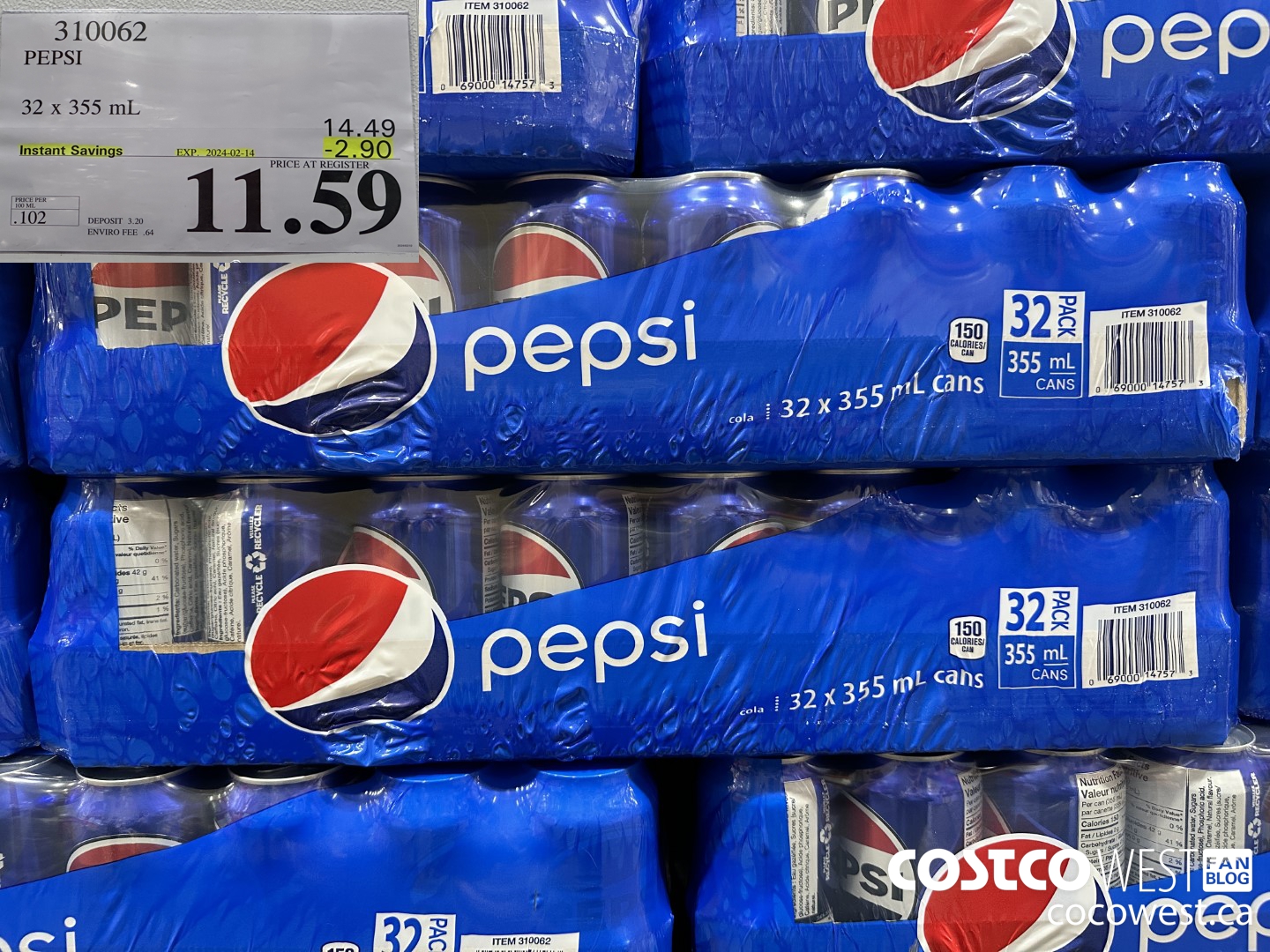 310062 PEPSI 32 X 355 ML ($2.90 INSTANT SAVINGS EXPIRES ON 2024-02-14) $11.59