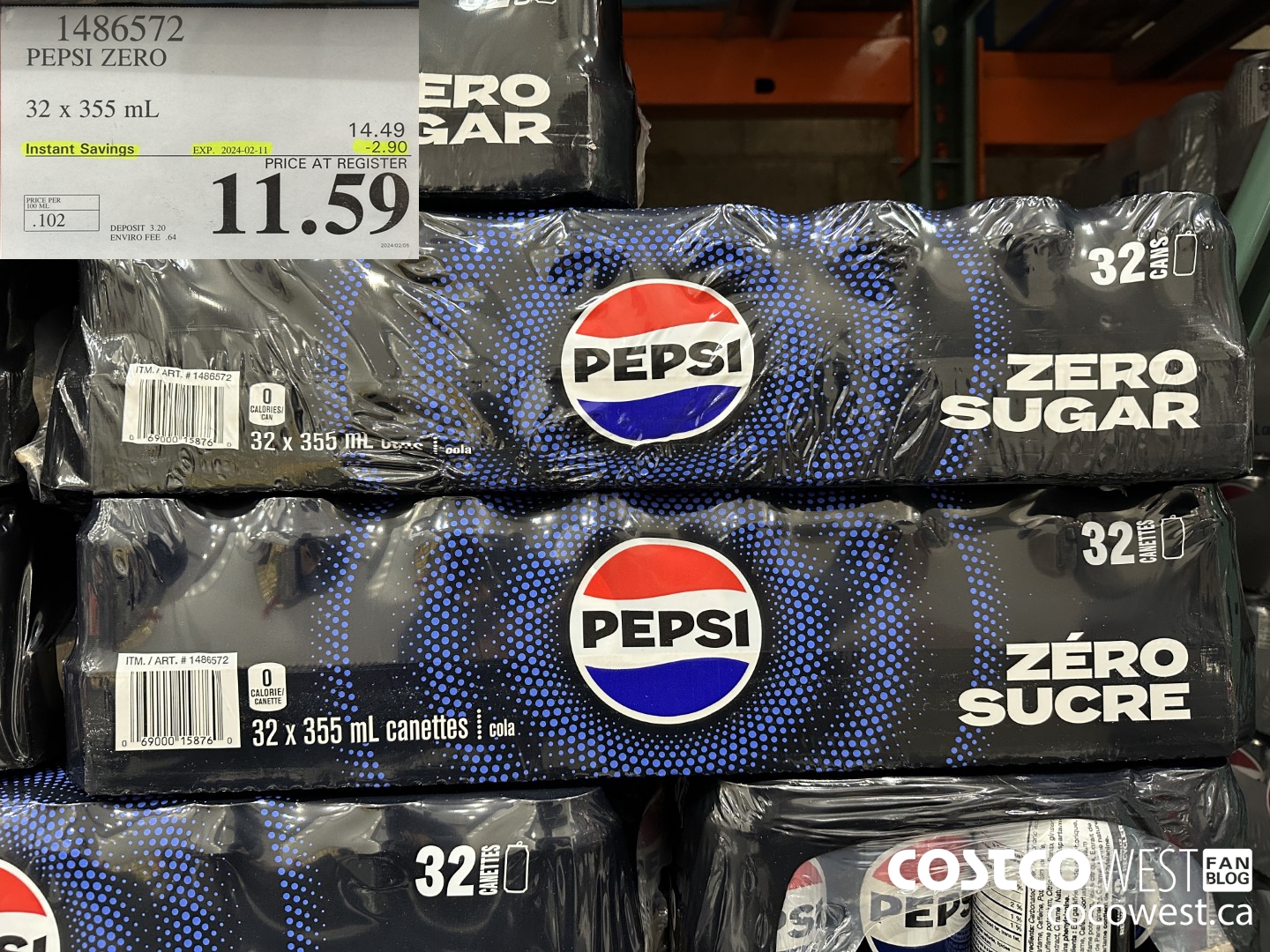 1486572 PEPSI ZERO 32 x 355 mL ($2.90 INSTANT SAVINGS EXPIRES ON 2024-02-11) $11.59