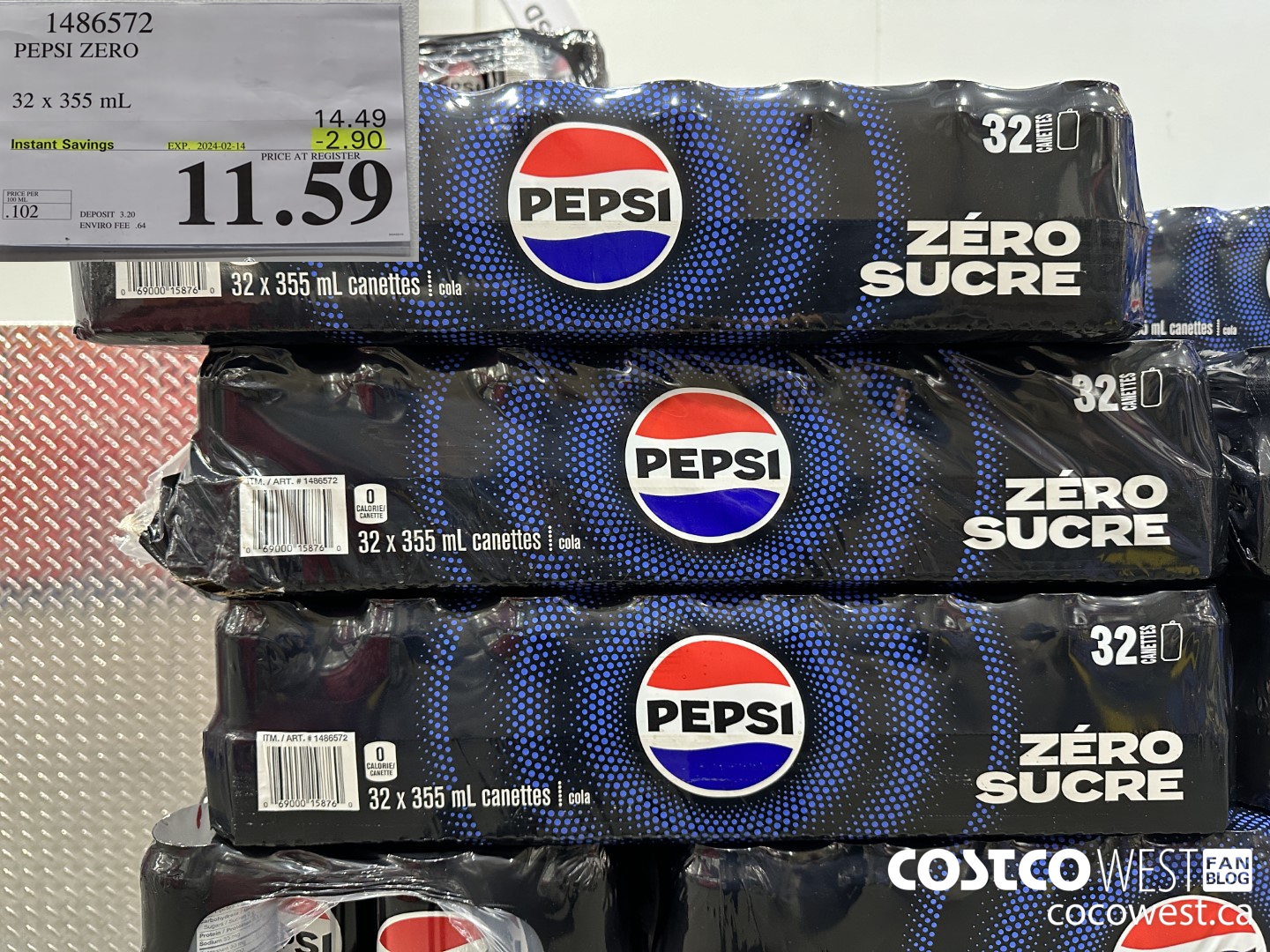 1486572 PEPSI ZERO 32 x 355 mL ($2.90 INSTANT SAVINGS EXPIRES ON 2024-02-14) $11.59