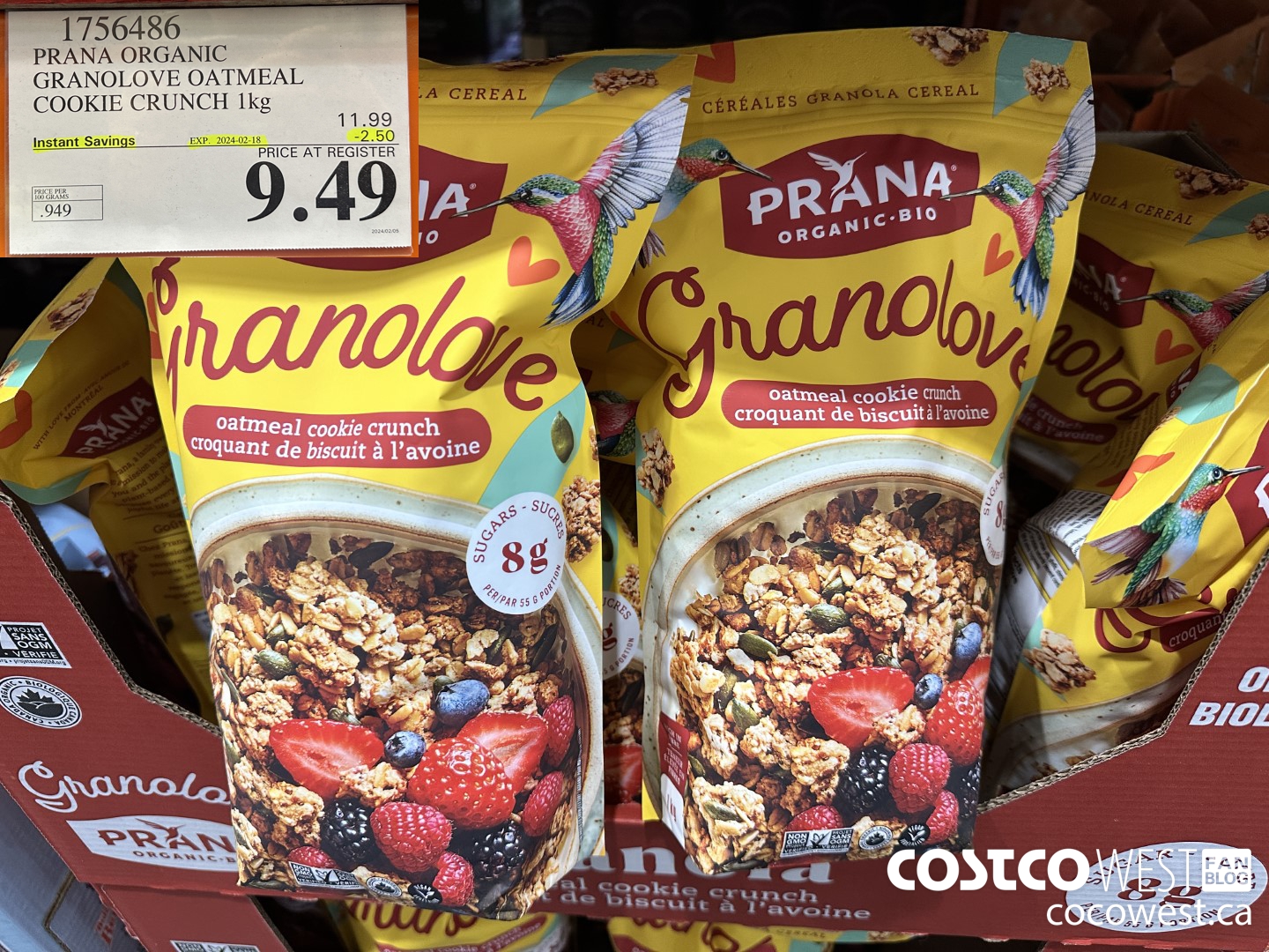 1756486 PRANA ORGANIC GRANOLOVE OATMEAL COOKIE CRUNCH 1 KG ($2.50 INSTANT SAVINGS EXPIRES ON 2024-02-18) $9.49