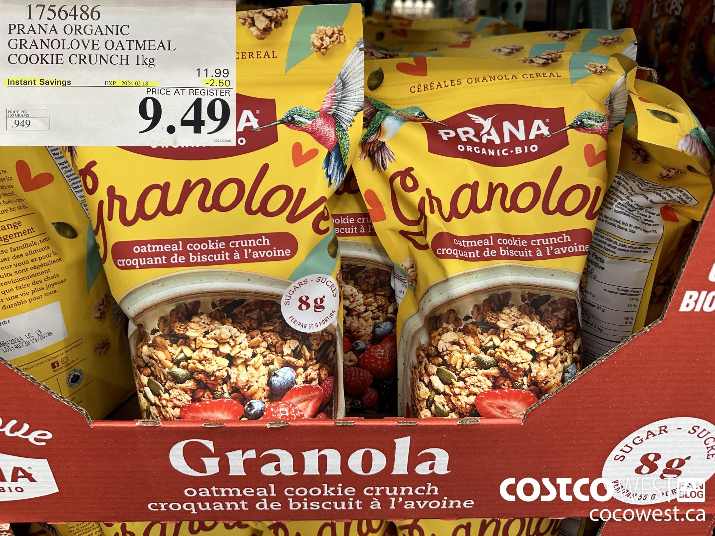 1756486 PRANA ORGANIC GRANOLOVE OATMEAL COOKIE CRUNCH 1 KG ($2.50 INSTANT SAVINGS EXPIRES ON 2024-02-18) $9.49